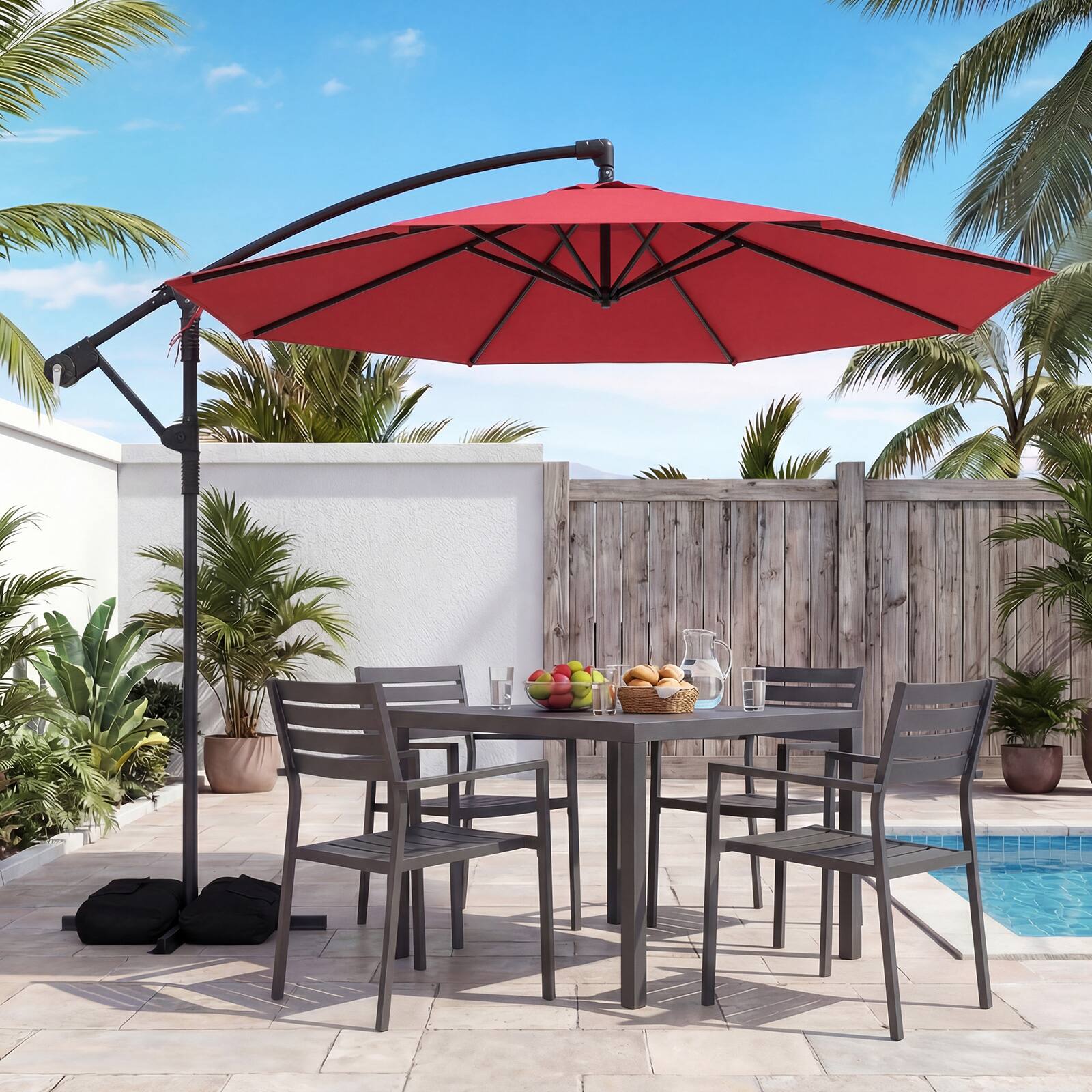 Alt View 1. Costway - Costway 10 FT Offset Hanging Umbrella with Base Patio Cantilever Umbrella 360° Rotation - Red.