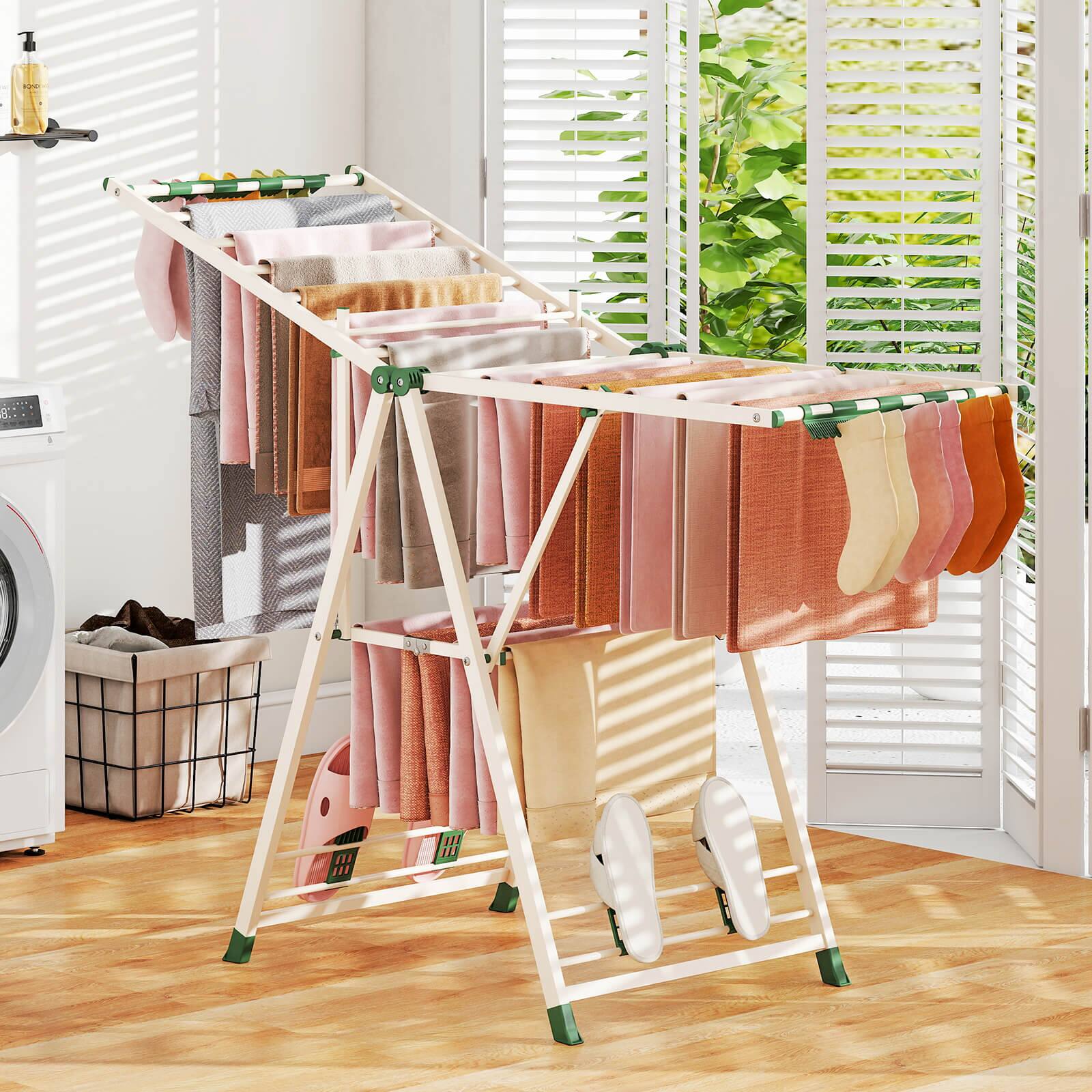 Alt View 1. Costway - Costway Foldable Metal Laundry Drying Rack with Height Adjustable Wings, 18 Drying Rails - Beige.