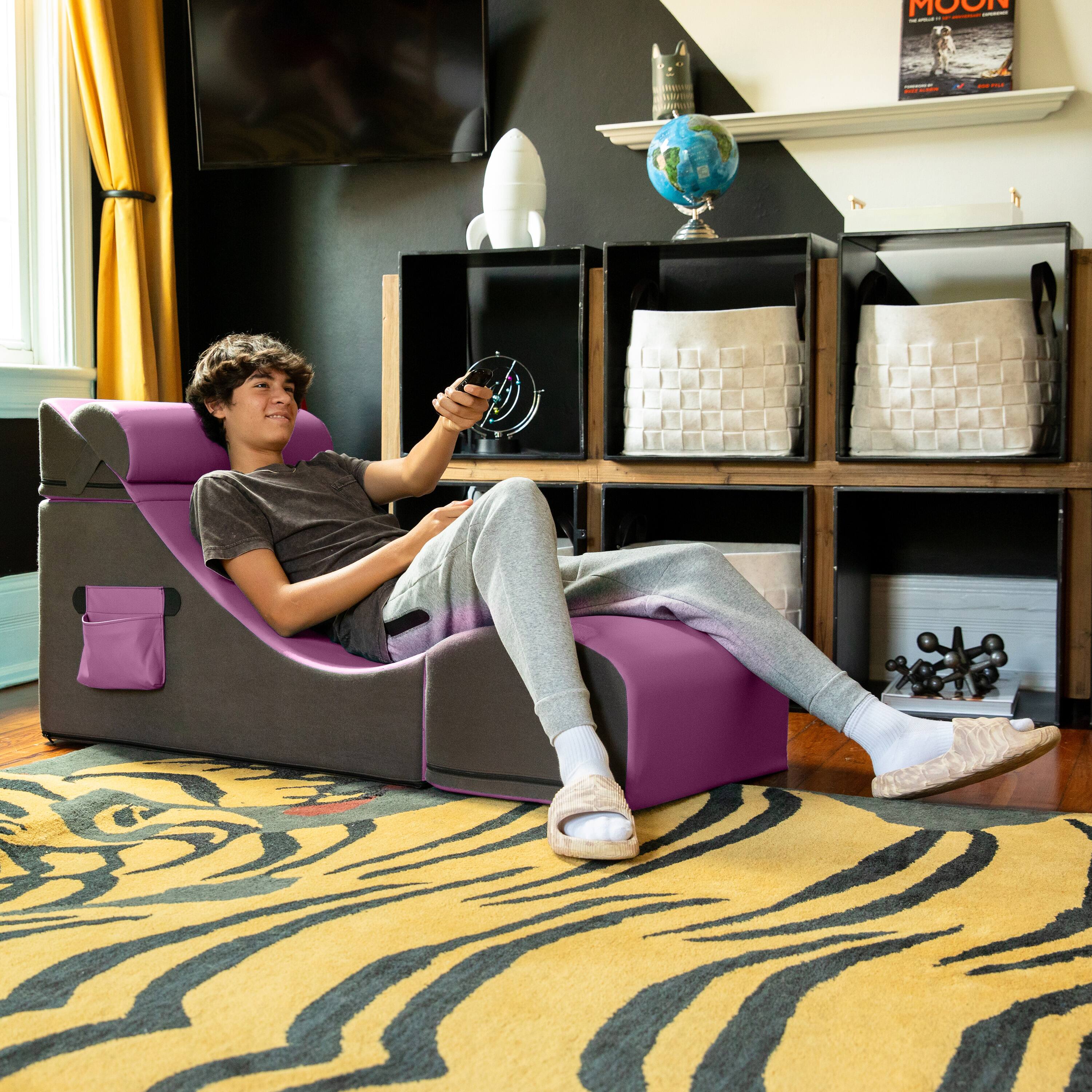 Angle. Jaxx - Jaxx Flexx V-Tex Convertible 3 in 1 Gamer Chair, Table, & Ottoman w/ Adjustable Headrest & Pocket - Vinyl Plum - Plum.