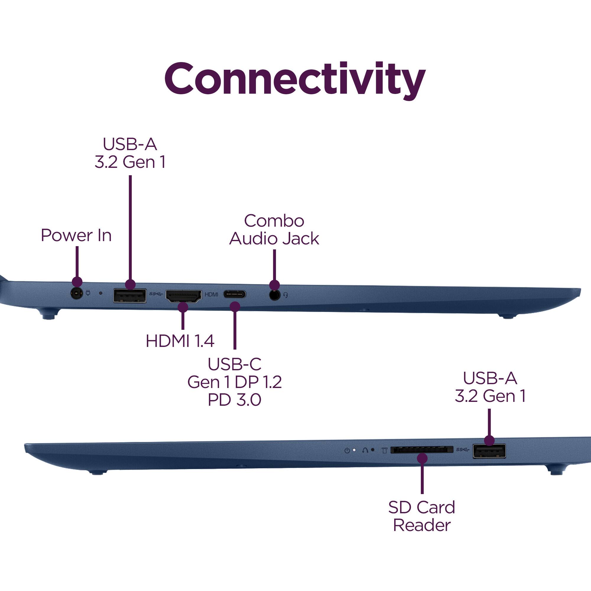Connectivity  
- USB-A 3.2 Gen 1  
- Power In  
- Combo Audio Jack  
- HDMI 1.4  
- USB-C Gen 1 DP 1.2 PD 3.0  
- USB-A 3.2 Gen 1  
- SD Card Reader