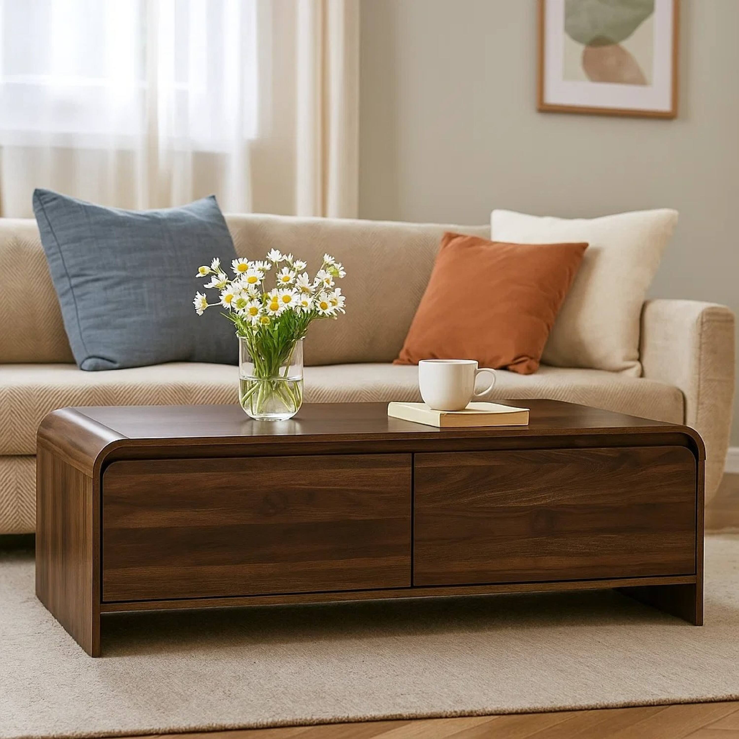 Alt View 2. Manhattan Lane - Maria Coffee Table, 2 Drawer and Waterfall Style, Wood 47 Inch - Walnut Brown.