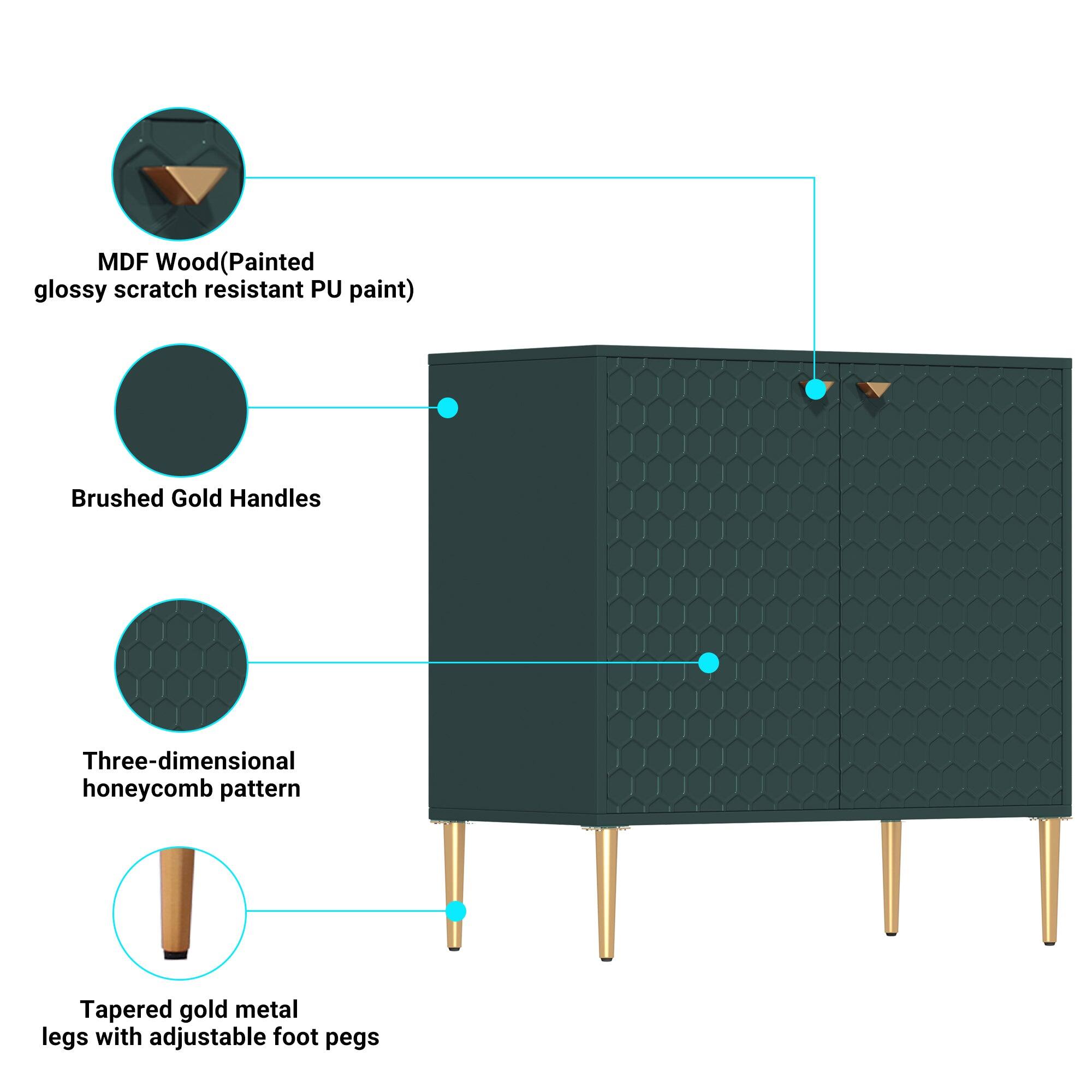 MDF Wood(Painted glossy scratch resistant PU paint), Brushed Gold Handles, Three-dimensional honeycomb pattern, Tapered gold metal legs with adjustable foot pegs
