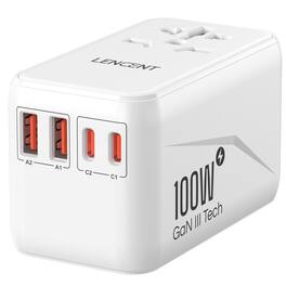 LENCENT - GanIII Universal Travel Adapter US/EU/UK/AUS Plug Adaptor PD100W Fast Charger with 3 USB + 2 Type C - White