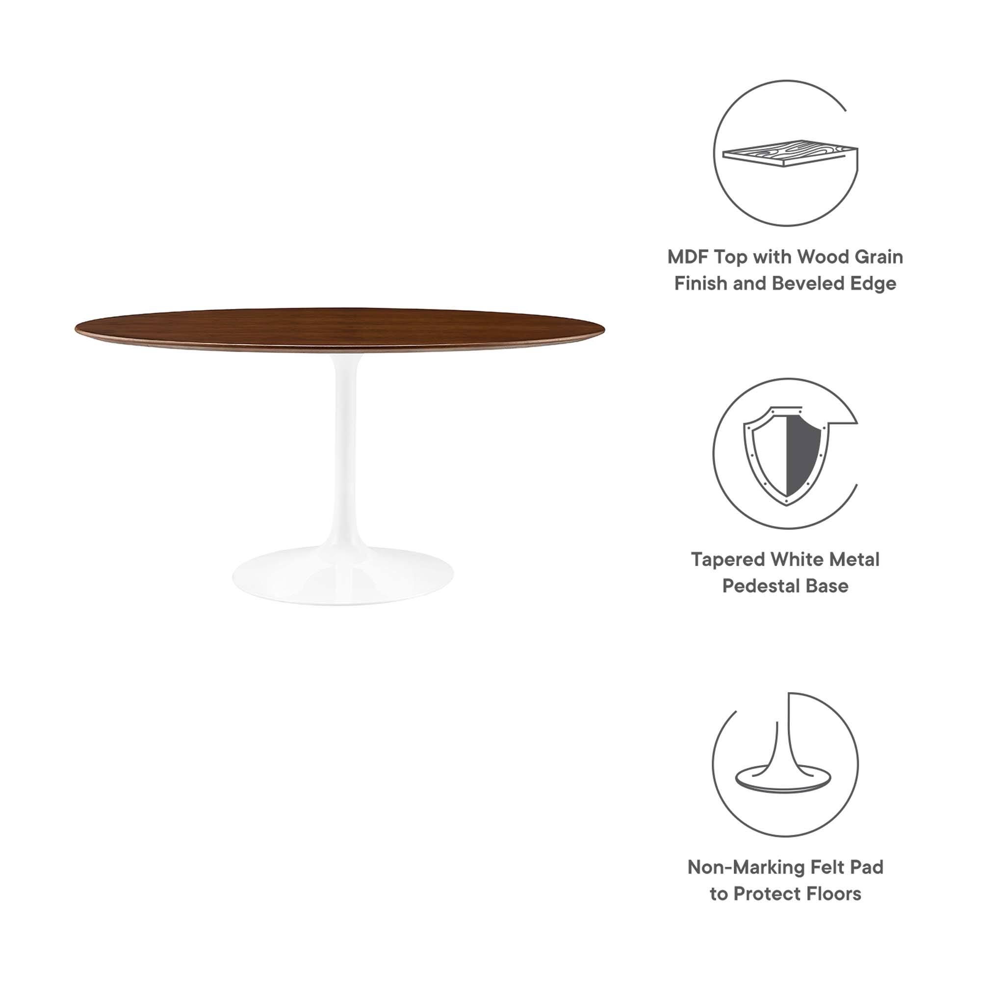 MDF Top with Wood Grain Finish and Beveled Edge  
Tapered White Metal Pedestal Base  
Non-Marking Felt Pad to Protect Floors