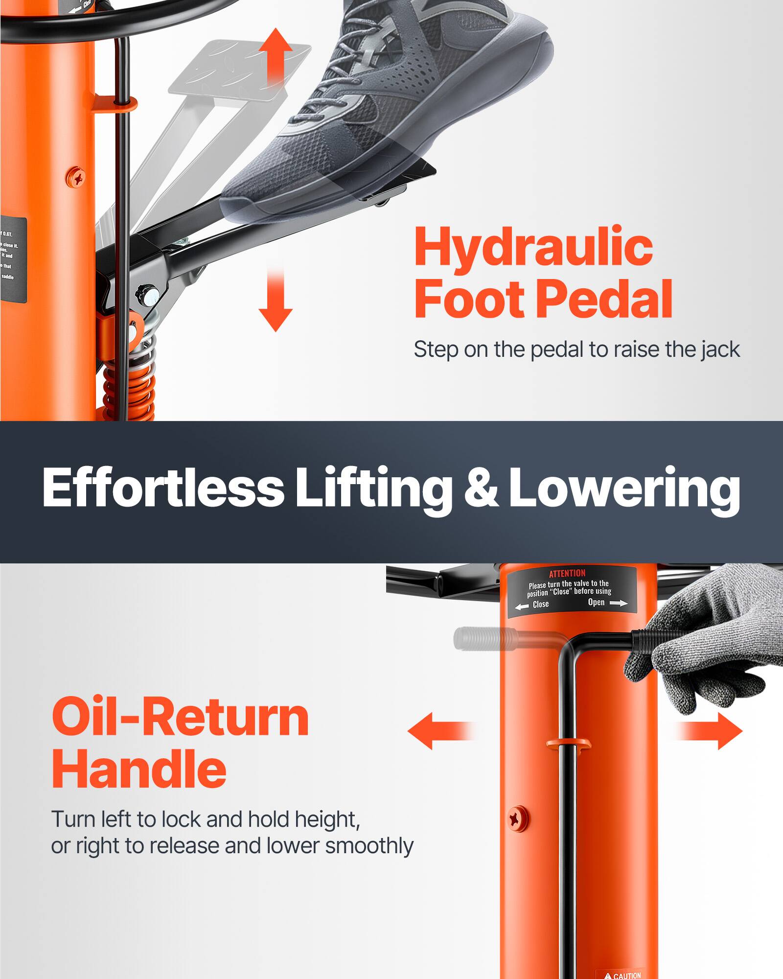 Hydraulic Foot Pedal  
Step on the pedal to raise the jack  

Effortless Lifting & Lowering  

ATTENTION  
Please turn the valve to the position "Close" before using  

Oil-Return Handle  
Turn left to lock and hold height, or right to release and lower smoothly  

CAUTION