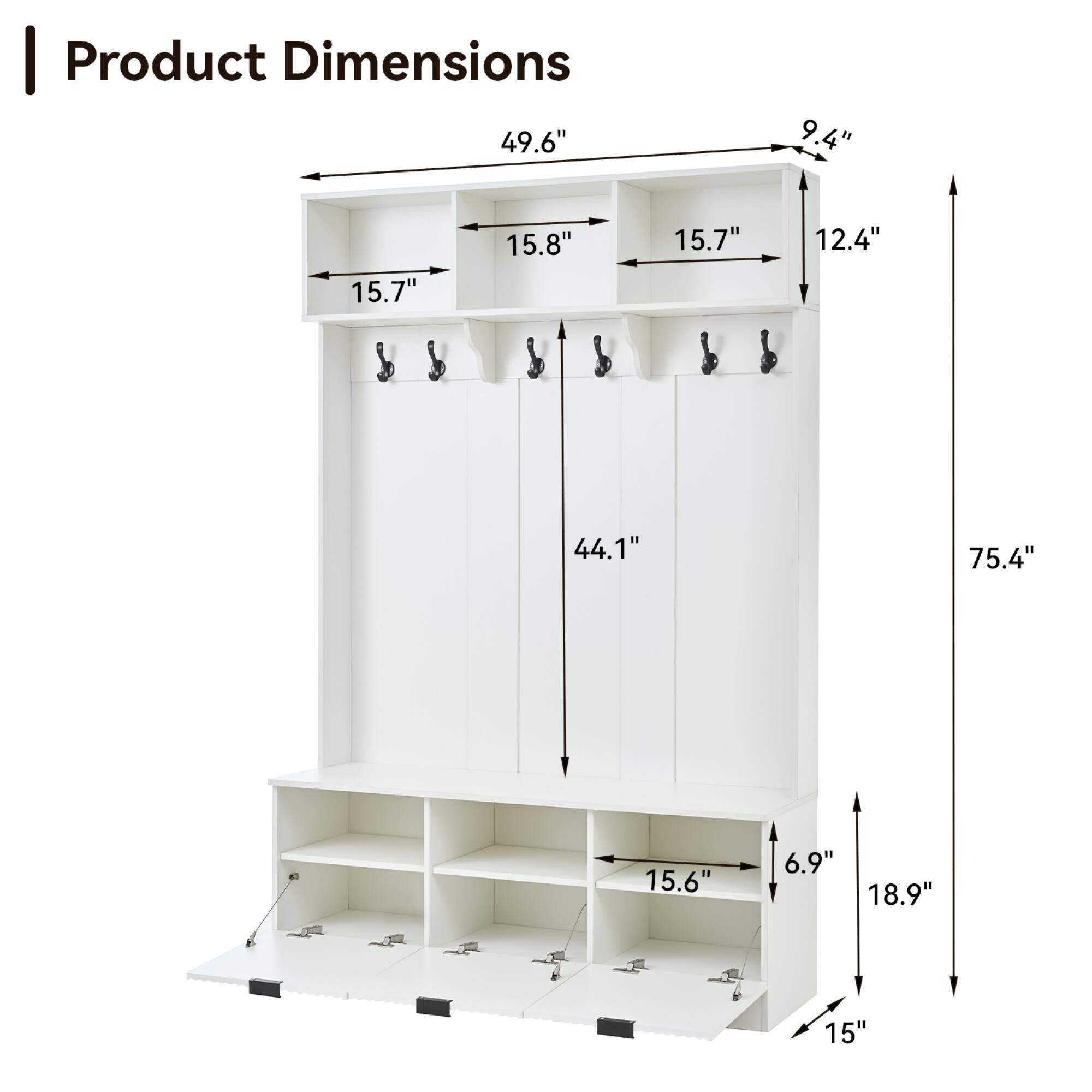Product Dimensions

- Width: 49.6"
- Depth: 15.7"
- Height: 75.4"
- Shelf 1: 15.7" (width) x 15.8" (depth)
- Shelf 2: 15.7" (width) x 15.6" (depth)
- Shelf 3: 15.7" (width) x 15" (depth)
- Cabinet Height: 44.1"
- Cabinet Depth: 12.4"
- Bottom Shelf Height: 6.9"
- Bottom Shelf Depth: 18.9"
- Overall Height: 75.4"