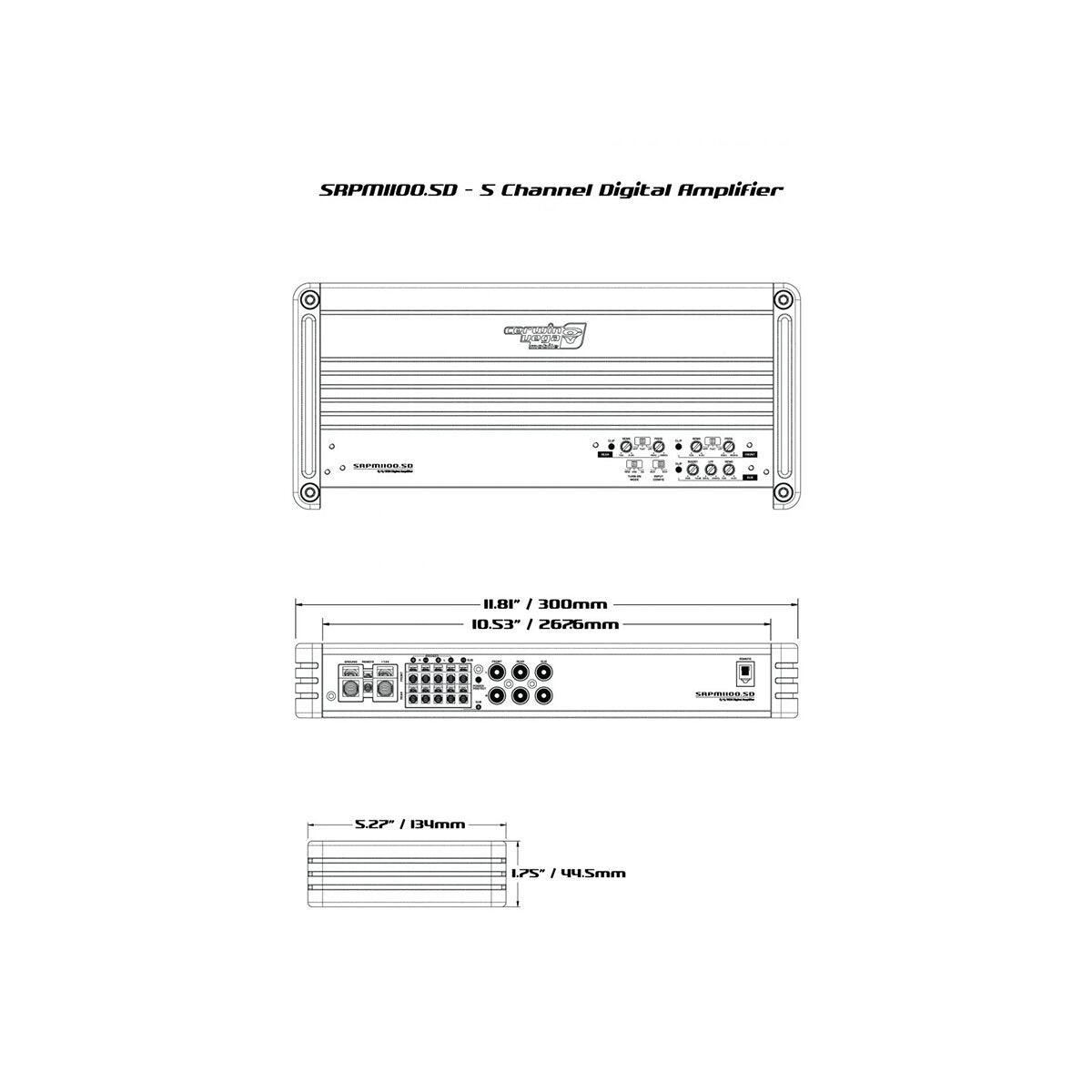 SRPM100.SD - 5 Channel Digital Amplifier

Dimensions:
- Length: 11.8" / 300mm
- Height: 10.53" / 2676mm
- Depth: 5.22" / 134mm

Other Details:
- 441Smm
- 1.75"