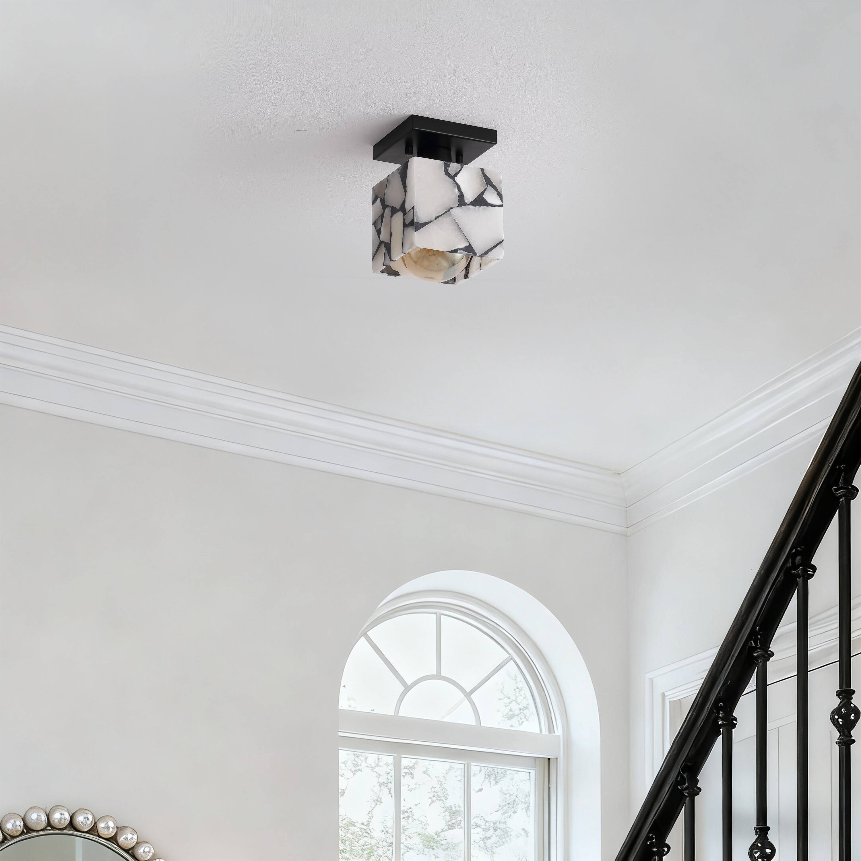 Alt View 9. Jonathan Y - Alessia 5" 1-Light Modern Contemporary Alabaster/Metal Cube LED Semi Flush Mount, Black and White Marbling/Black - White/Black.