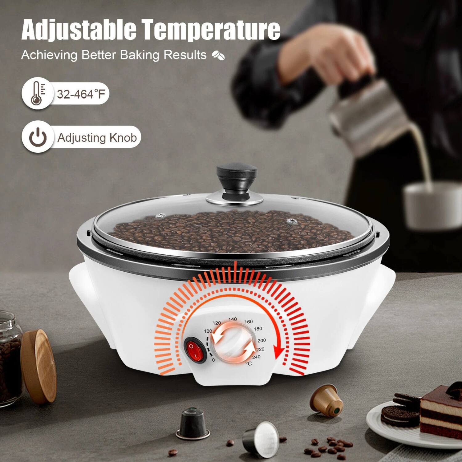 Adjustable Temperature  
Achieving Better Baking Results  

32-464°F  
Adjusting Knob  

120 100 140 160 180 200 220 240 C