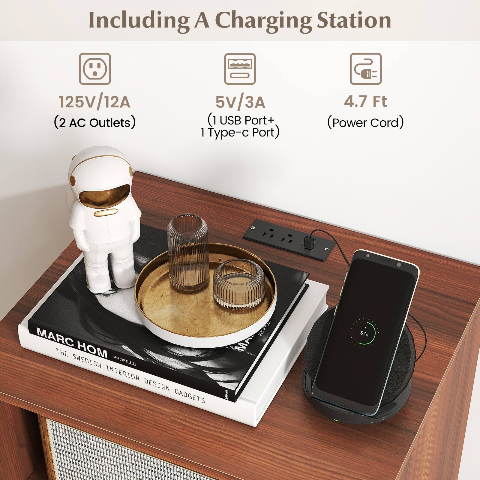 Including A Charging Station

125V/12A (2 AC Outlets)

5V/3A (1 USB Port + 1 Type-c Port)

4.7 Ft (Power Cord)

MARC HOM  
THE SWEDISH INTERIOR DESIGN GADGETS