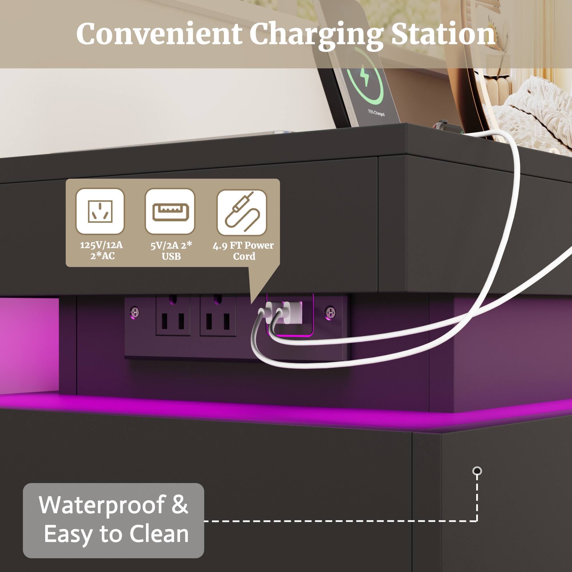 Convenient Charging Station

75% Charged

125V/12A 2*AC

5V/2A 2* USB

4.9 FT Power Cord

Waterproof & Easy to Clean