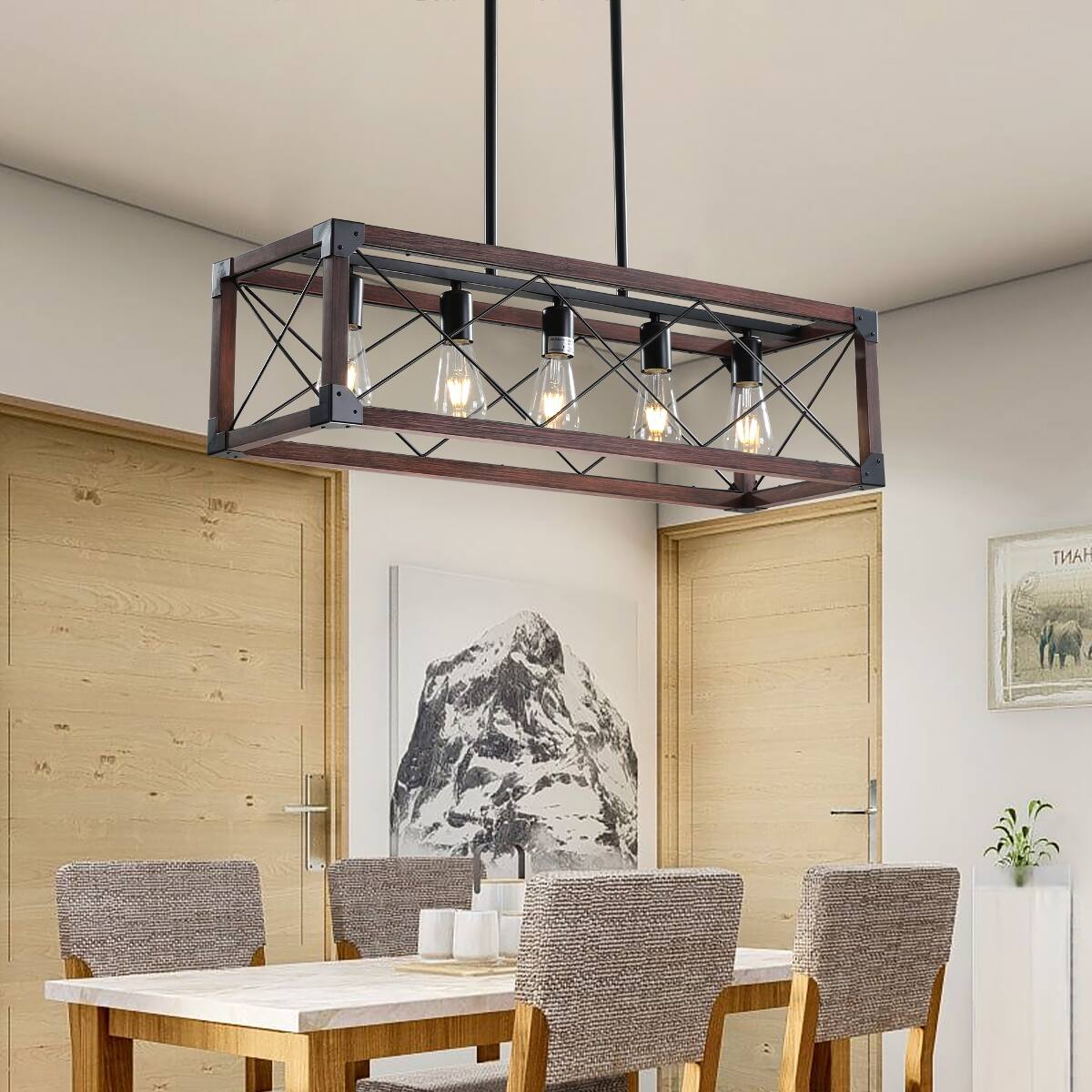 Loheer 32 Inch 5 Light Farmhouse Chandelier, Red Wood Rectangular ...
