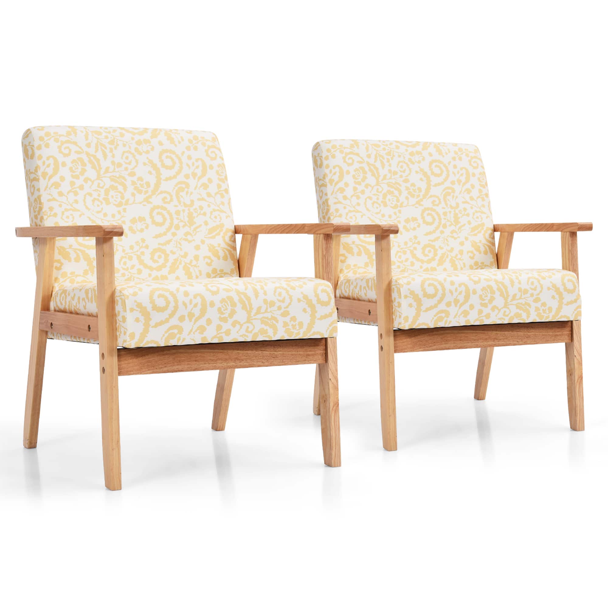 Front. Costway - Accent Upholstered Home Office Chair with Wooden Frame (Set of 2) - Yellow.