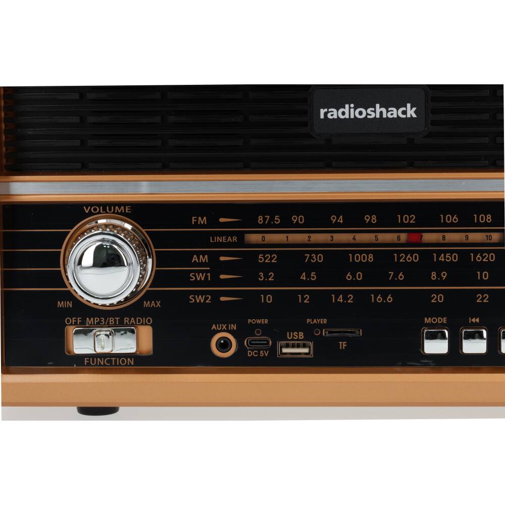 radioshack  
VOLUME  
FM 87.5 90 94 98 102 106 108  
LINEAR 0 1 2 3 4 5 6 7 8 9 10  
AM 522 730 1008 1260 1450 1620  
SW1 3.2 4.5 6.0 7.6 8.9 10  
MIN MAX  
SW2 10 12 14.2 16.6 20 22  
OFF MP3/BT RADIO  
AUX IN  
POWER DC 5V  
PLAYER  
USB  
TF  
MODE 144