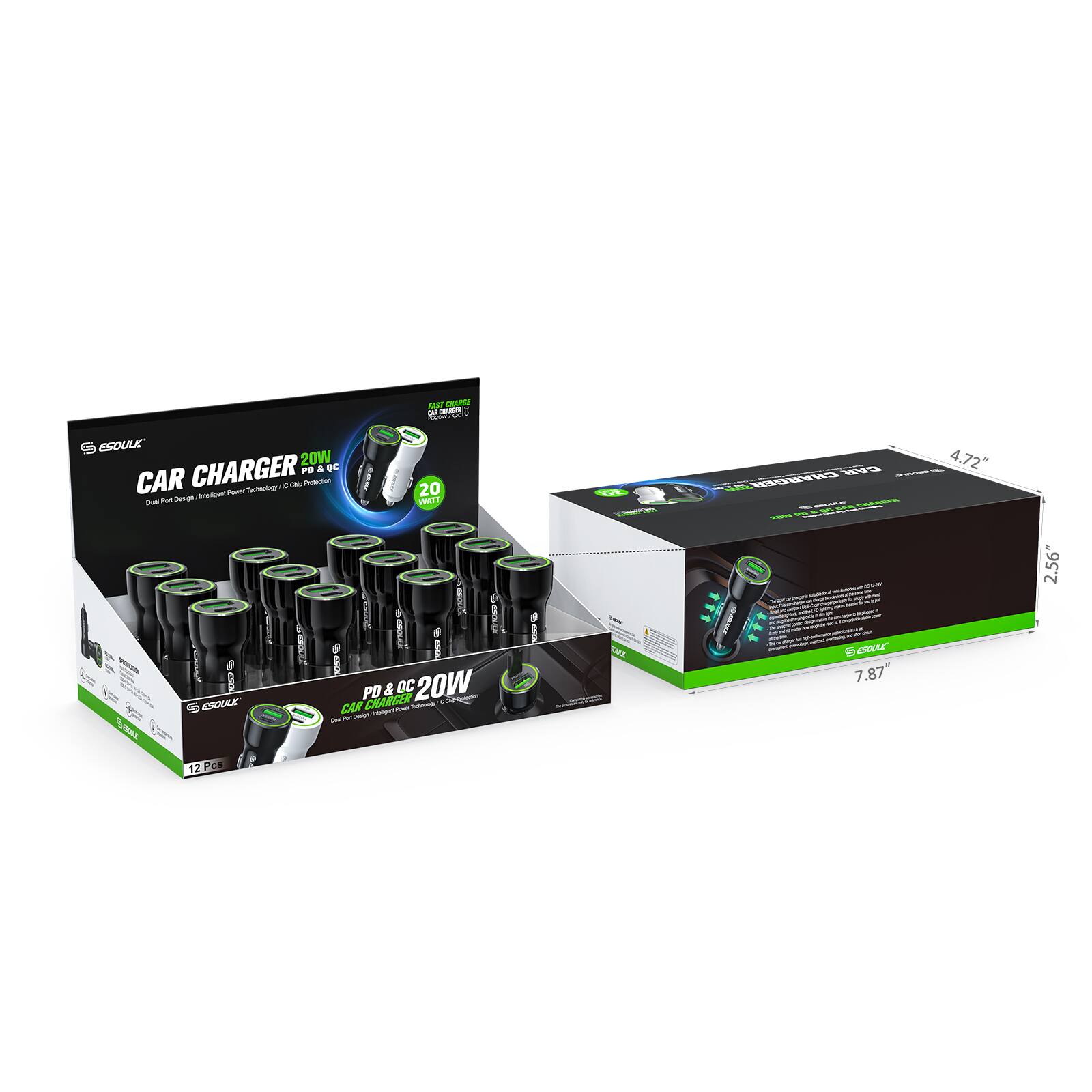 BST mune 1 - E SOULK 20W CHARGER PB a CAR - ~ -into - -e - 20 - u Seegs IAT 000 000 I I I FEN G O  BEOLL i  I i I PD & DC 20W CHARGER -  UVdEs CAR - 1 - - - - - i - Tt  4.72" - EES - : - - : : : : eSOoLE 7.87 7 2.56" 12 PC