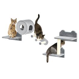 Pawhut - 4 Piece Cat Wall Shelves Furniture, Wall Mounted Cat Tree with Condo, Scratching Post, Platform, 3 Steps, for Small Cats - Gray