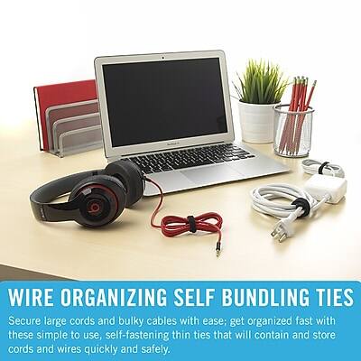 WIRE ORGANIZING SELF BUNDLING TIES

Secure large cords and bulky cables with ease; get organized fast with these simple to use, self-fastening thin ties that will contain and store cords and wires quickly and safely.