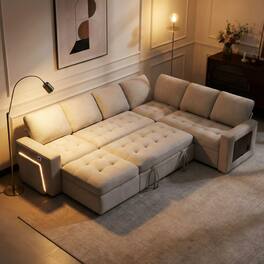 Vipbear - 7 Seat L Shaped Modular Sectional Sleeper Sofa Bed with Pull Out Bed/Reclining Backrest/USB Ports/Storage Seat - Beige