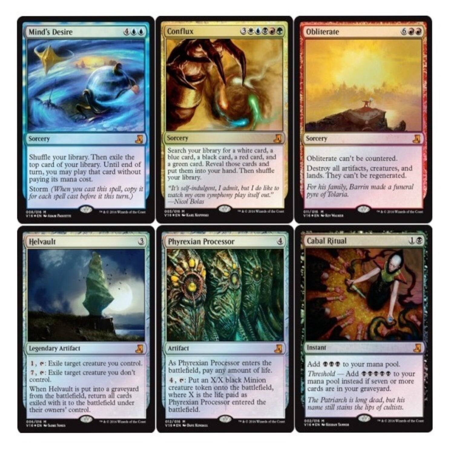 Mind's Desire  
Sorcery  
4 Mana (2 Blue)  
Shuffle your library. Then exile the top card of your library. Until end of turn, you may play that card without paying its mana cost.  
Storm (When you cast this spell, copy it for each spell cast before it this turn.)  

Conflux  
Sorcery  
3 Mana (1 White, 1 Blue, 1 Black, 1 Red, 1 Green)  
Search your library for a white card, a blue card, a black card, a red card, and a green card. Reveal those cards and put them into your hand. Then shuffle your library.  
"I'm self-indulgent, I admit, but I like to catch my own symphony play itself out." - Nicol Bolas  

Obliterate  
Sorcery  
6 Mana (2 Red, 2 Green)  
Obliterate can't be countered. Destroy all artifacts, creatures, and lands. They can't be regenerated.  
For his family, Barrin made a funeral pyre of Tolaria  

Helvault  
Legendary Artifact  
3 Mana (1 White, 1 Black, 1 Green)  
1, Exile target creature you control.  
