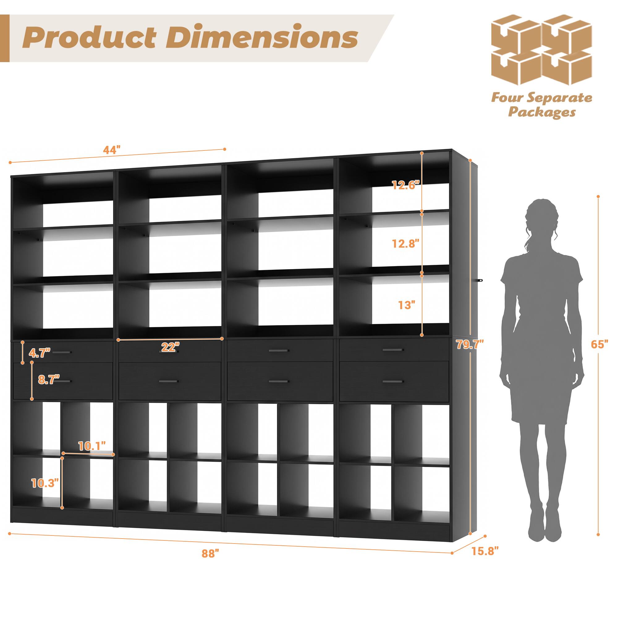 Product Dimensions: Four Separate Packages

- 44"
- 12.6"
- 12.8"
- 13"
- 4.7"
- 22"
- 79.7"
- 65"
- 8.7"
- 10.1"
- 10.3"
- 88"
- 15.8"