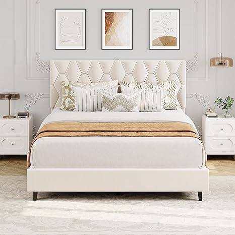 Front. GARVEE - Queen Size Platform Bed Frame Light Beige Upholstered Headboard No Box Spring Modern Bed Frame - Beige Queen.