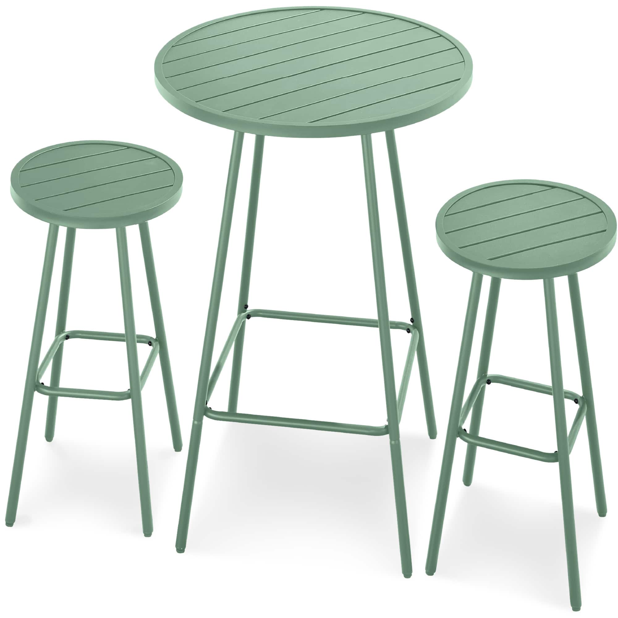 Best Choice Products - 3-Piece Steel Patio Bar Height Round Bistro Set w/ Backless Stools, Slatted Design - Sage