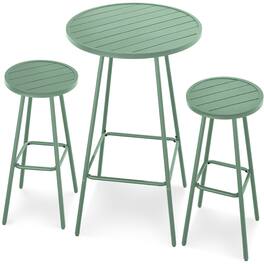 Best Choice Products - 3-Piece Steel Patio Bar Height Round Bistro Set w/ Backless Stools, Slatted Design - Sage