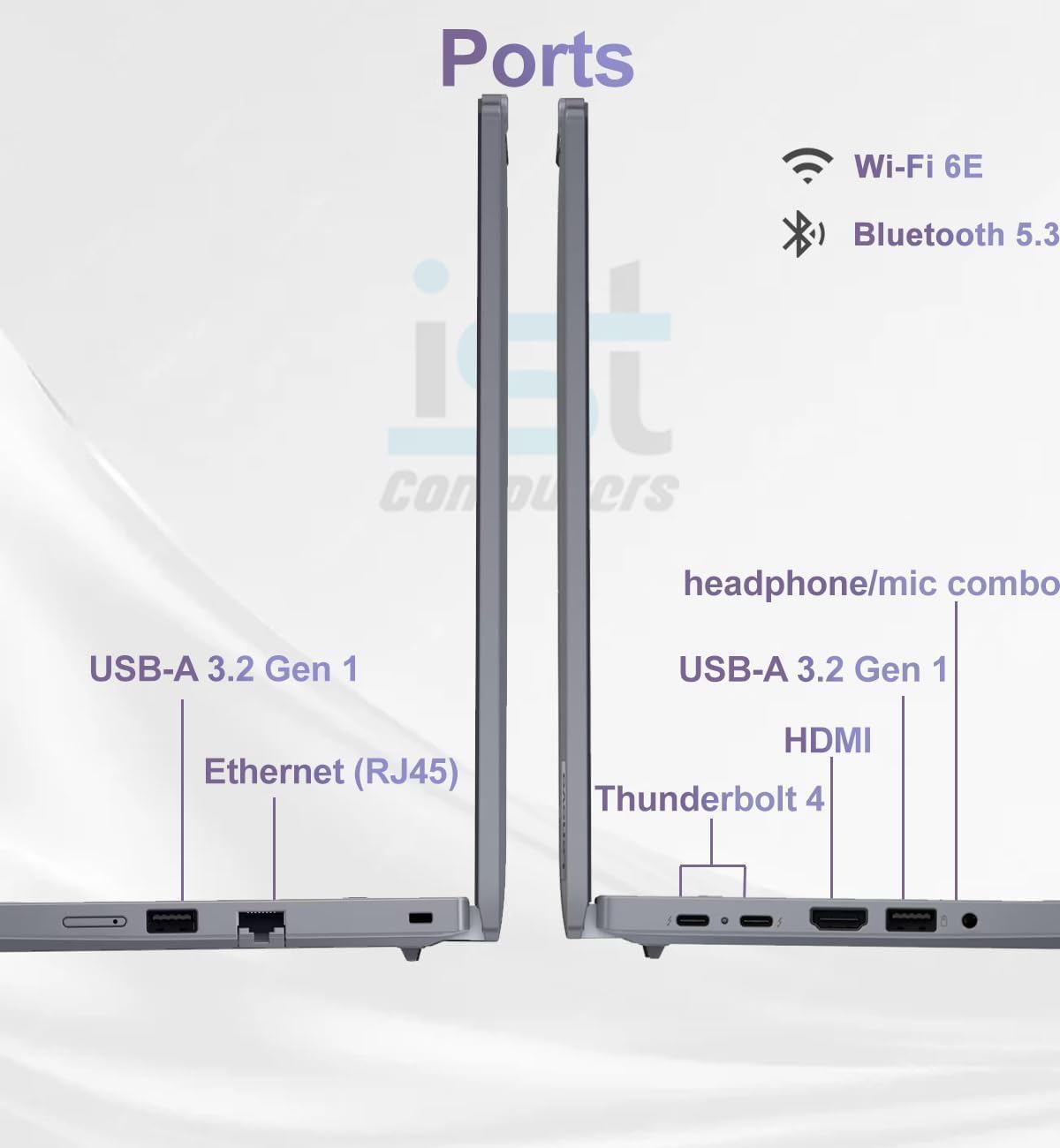 Ports  
Wi-Fi 6E  
Bluetooth 5.3  
headphone/mic combo  
USB-A 3.2 Gen 1  
USB-A 3.2 Gen 1  
Ethernet (RJ45)  
HDMI  
Thunderbolt 4