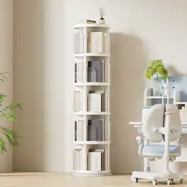 FC Design - 360° Rotating 5-Tier Bookshelf, Space-Saving Organizer for Home, Office, Easy Assembly - White