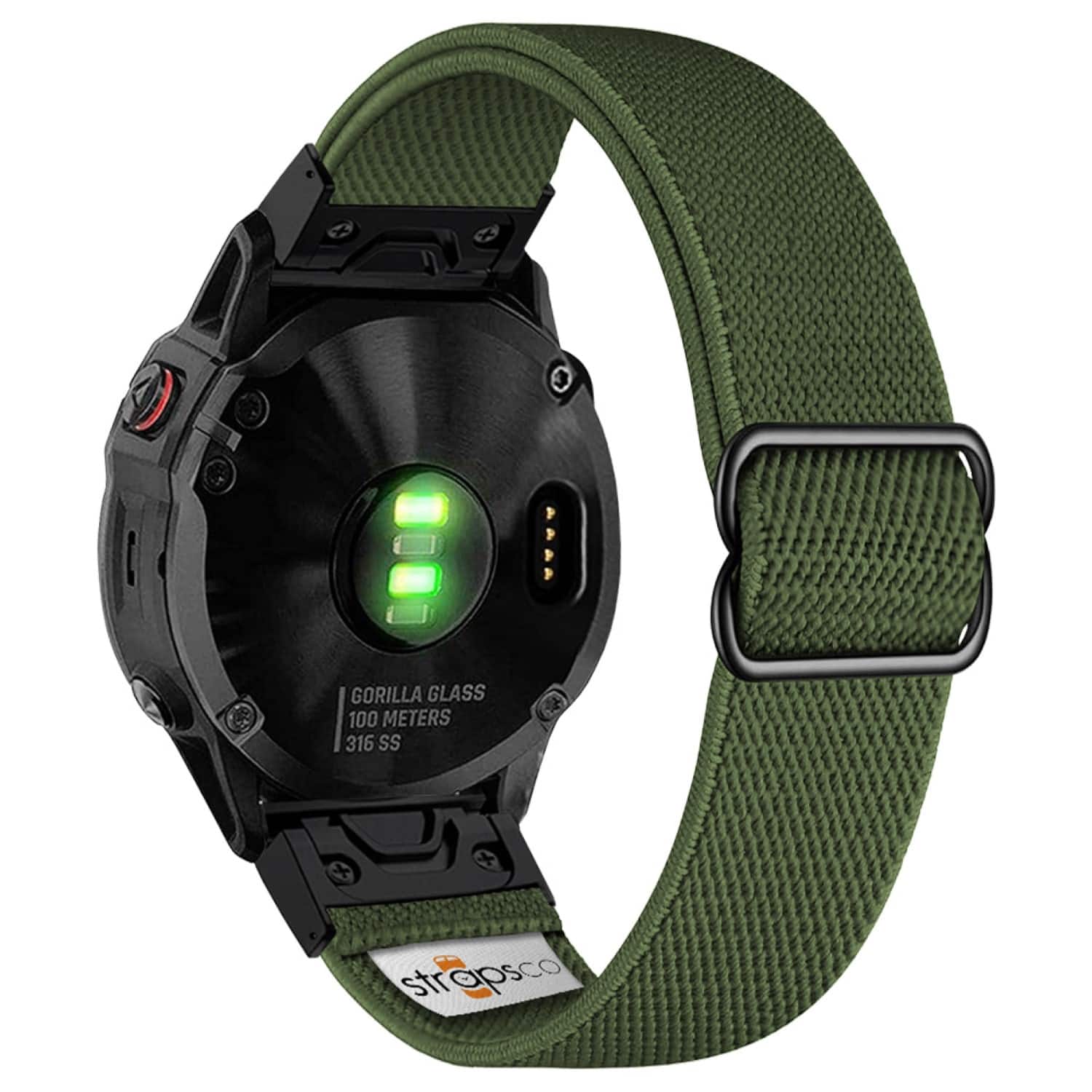 StrapsCo - Nylon Stretch Band QuickFit 22 Watch Strap For Garmin Instinct - Army Green (Black Adapter)