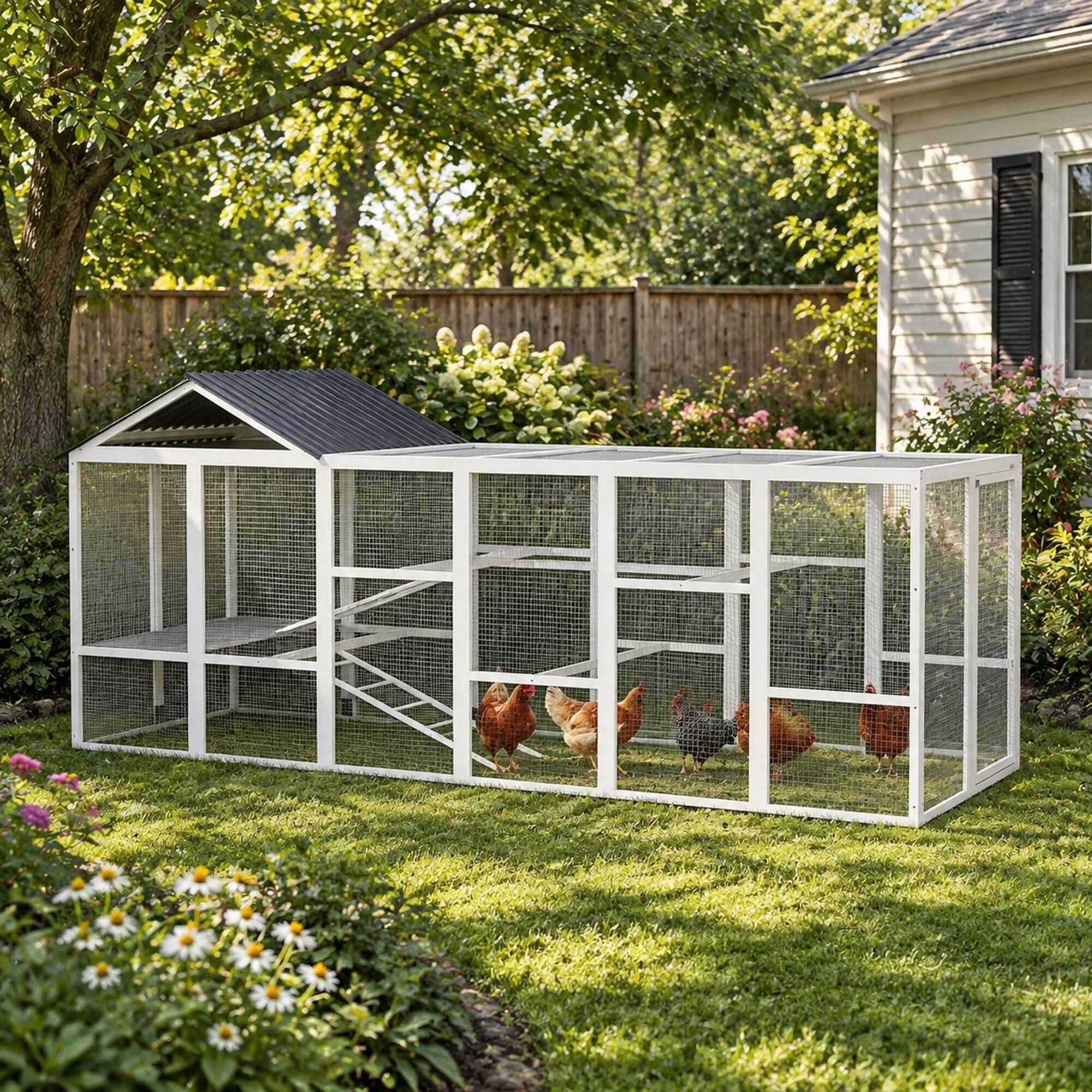 Alt View 1. RYHNUYNE - Wooden Chicken Coop Run, 141.75 in x 48 in x 61 in, Fir Wood and Metal, 2-Tier Perches, Storage, for 6-10 Chickens.