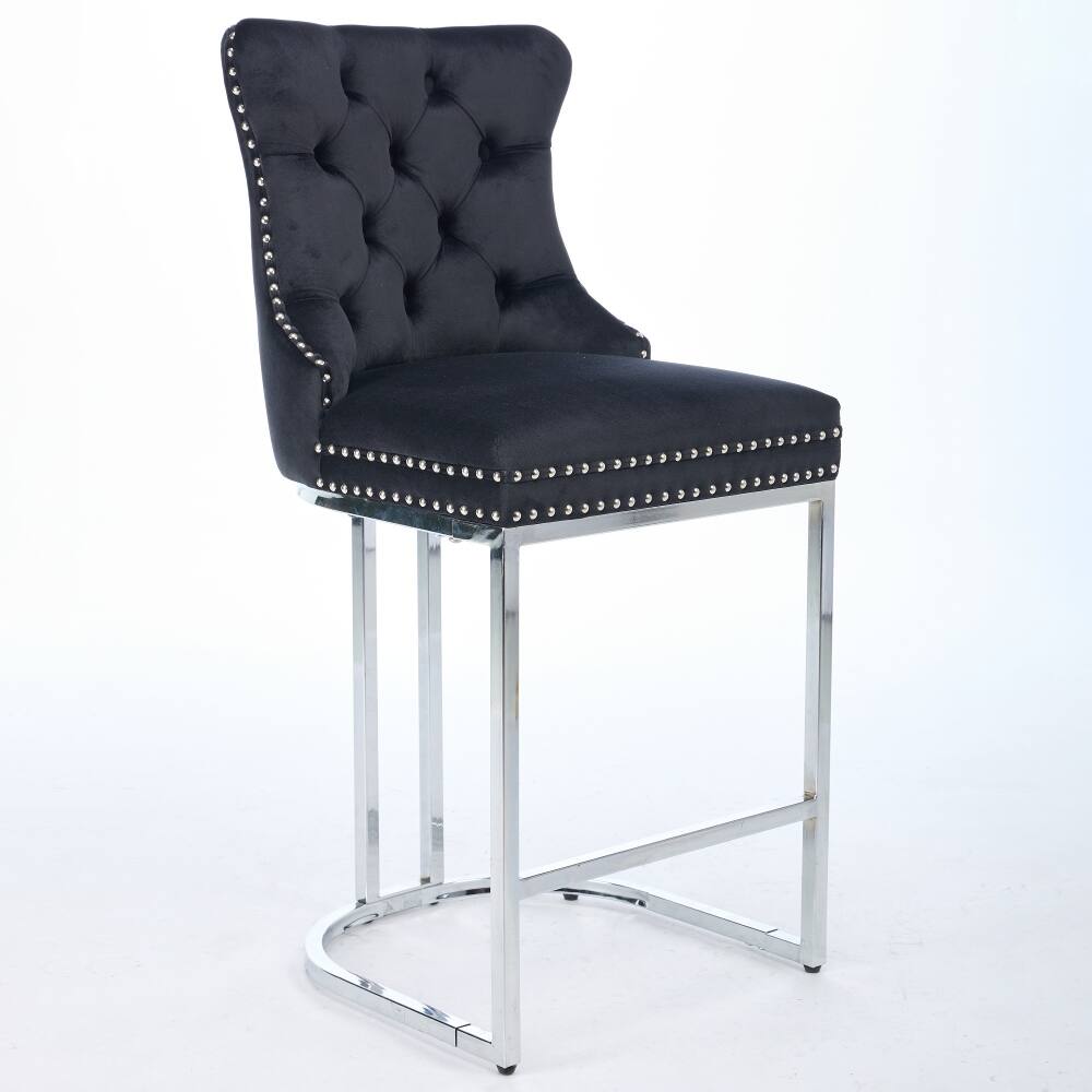 Back. Loheer - Loheer Counter Height Bar Stools Set of 2 Black Velvet Tufted Kitchen Island Chairs with Metal Legs - Black.