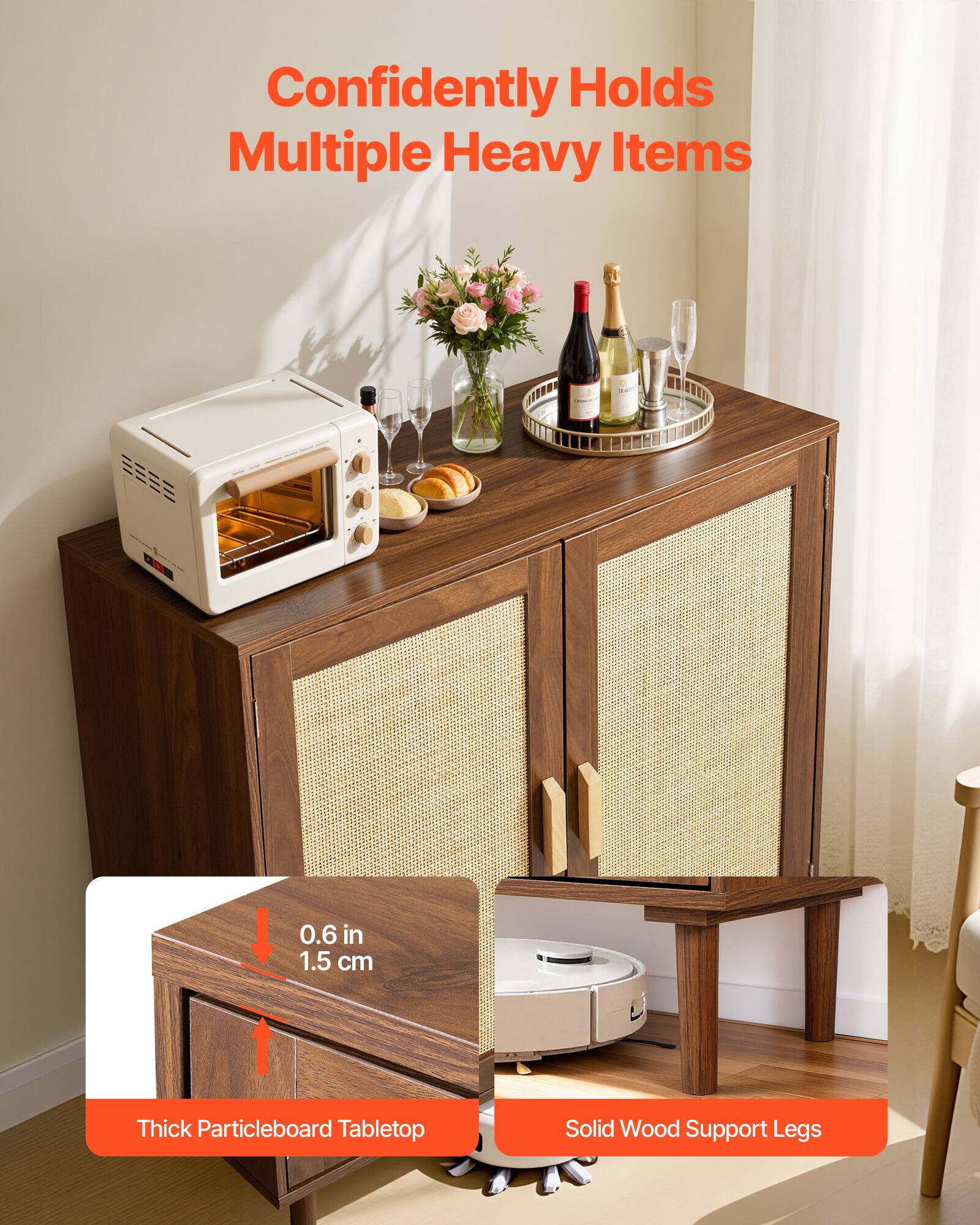Confidently Holds Multiple Heavy Items

0.6 in 1.5 cm Thick Particleboard Tabletop

Solid Wood Support Legs
