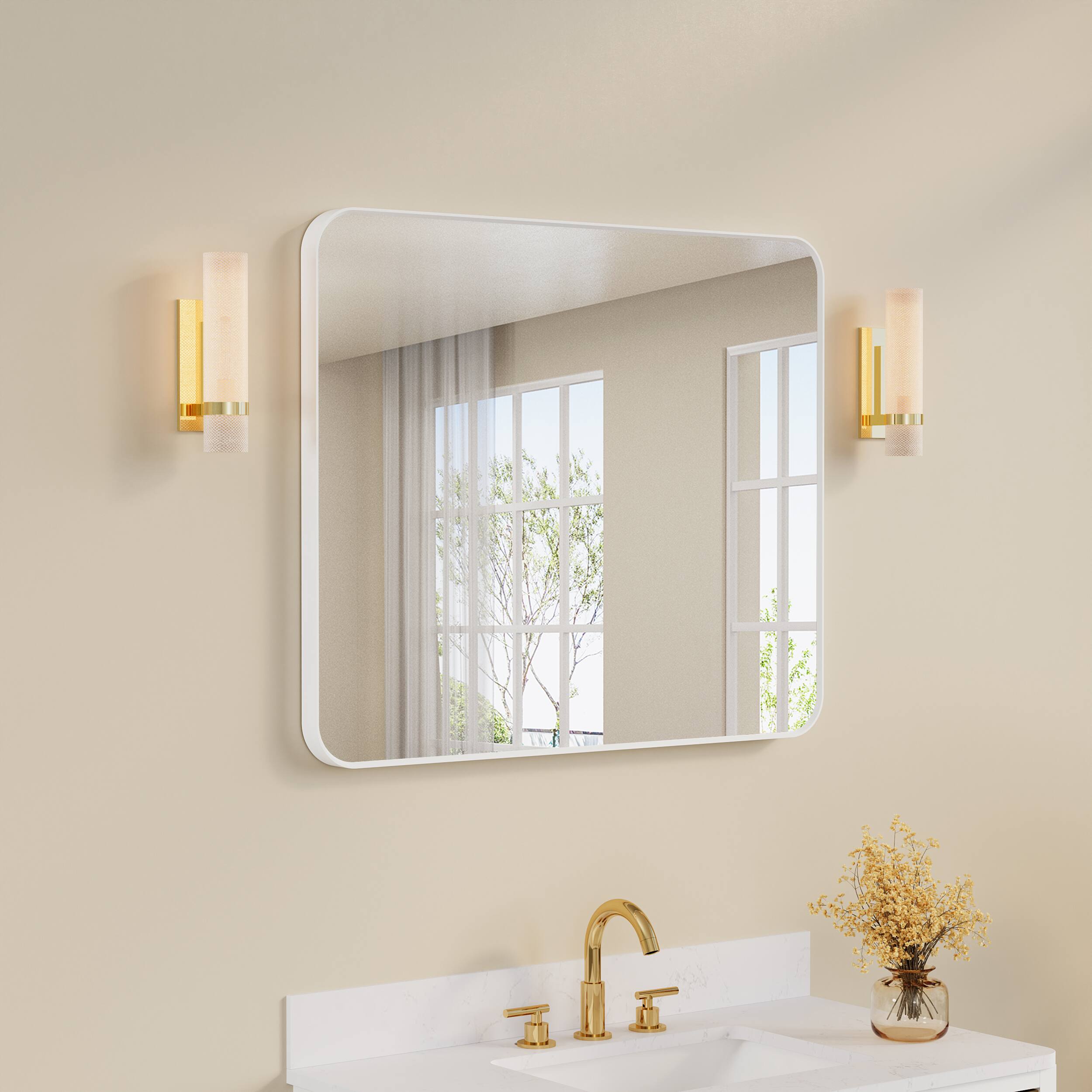Angle. WELLFOR - 30 in. W. x 36 in. H Rectangular Aluminum Framed Wall-Mounted Bathroom Vanity Mirror - White.