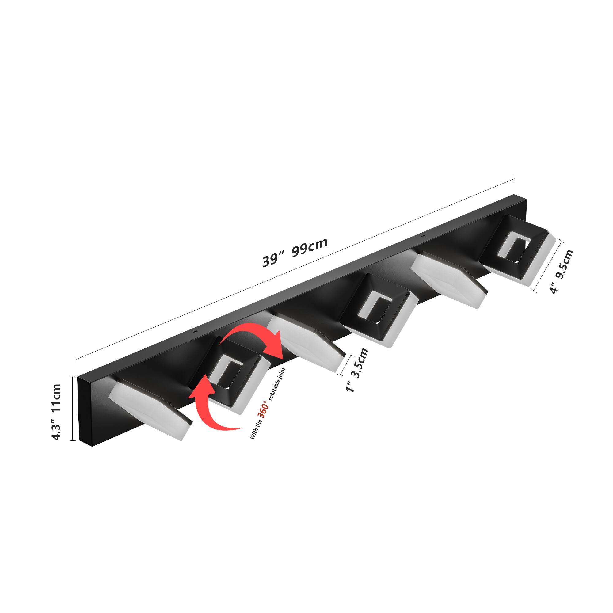 - 4.3" 11cm
- 39" 99cm
- 1" 3.5cm
- 4" 9.5cm
- With 360° rotatable joint