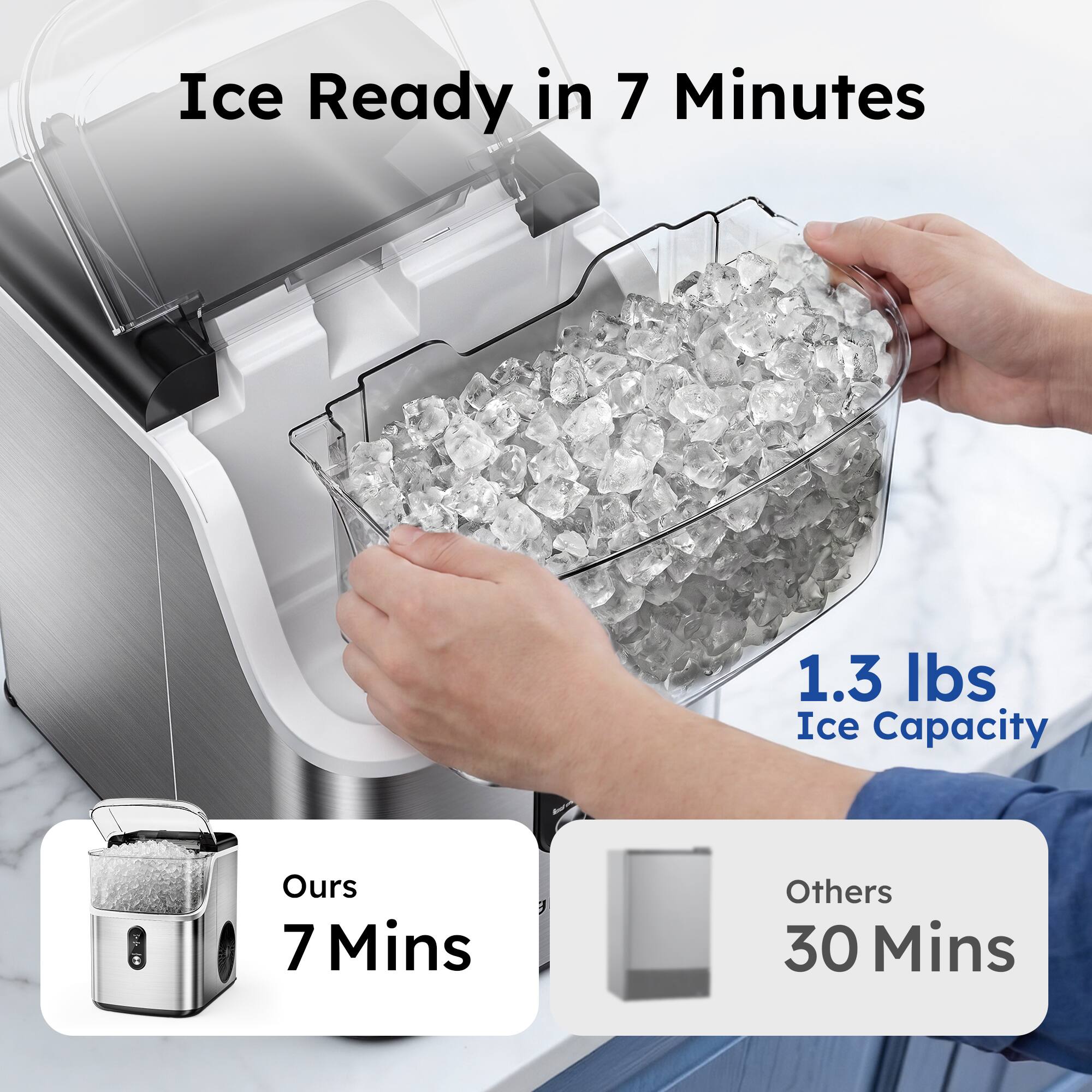 Ice Ready in 7 Minutes  
1.3 lbs Ice Capacity  
Ours: 7 Mins  
Others: 30 Mins