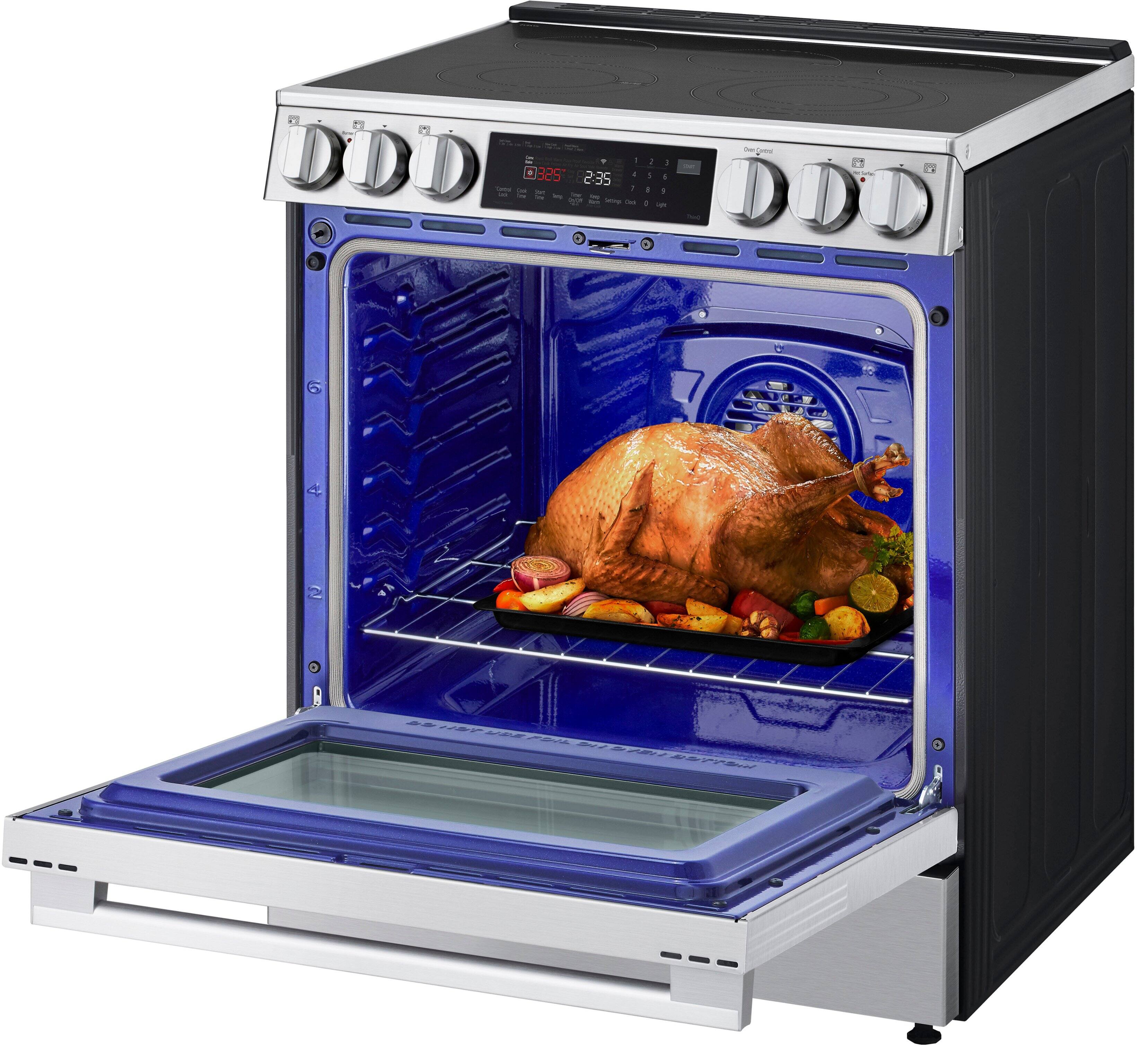 The oven is set to 325 degrees Fahrenheit, and it will take 2:35 minutes to cook the turkey.