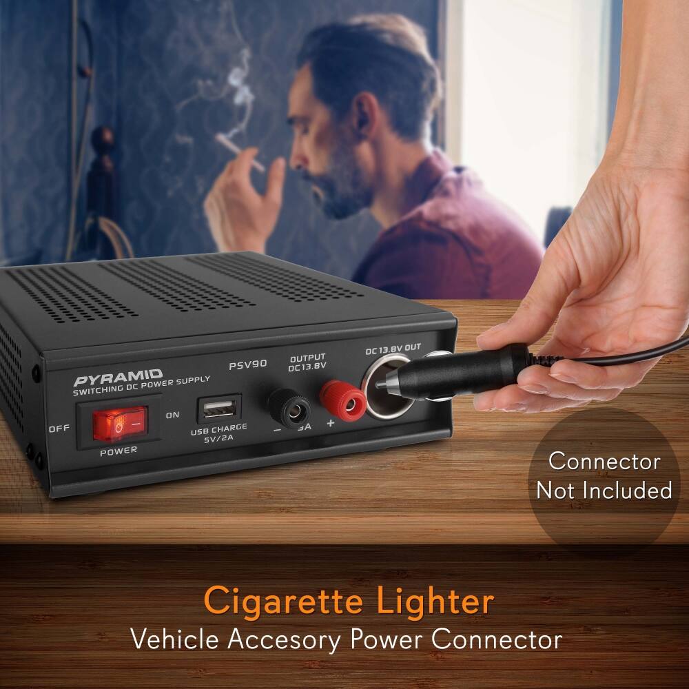 OUTPUT PSV90 DC13.BV PYRAMID DC POWER SUPPLY SWITCHING DC 13.8V 13 OUT OFF I POWER ON USB CHARGE SV/ZA I At + Connector Not Included Cigarette Lighter Vehicle Accessory Power Connector