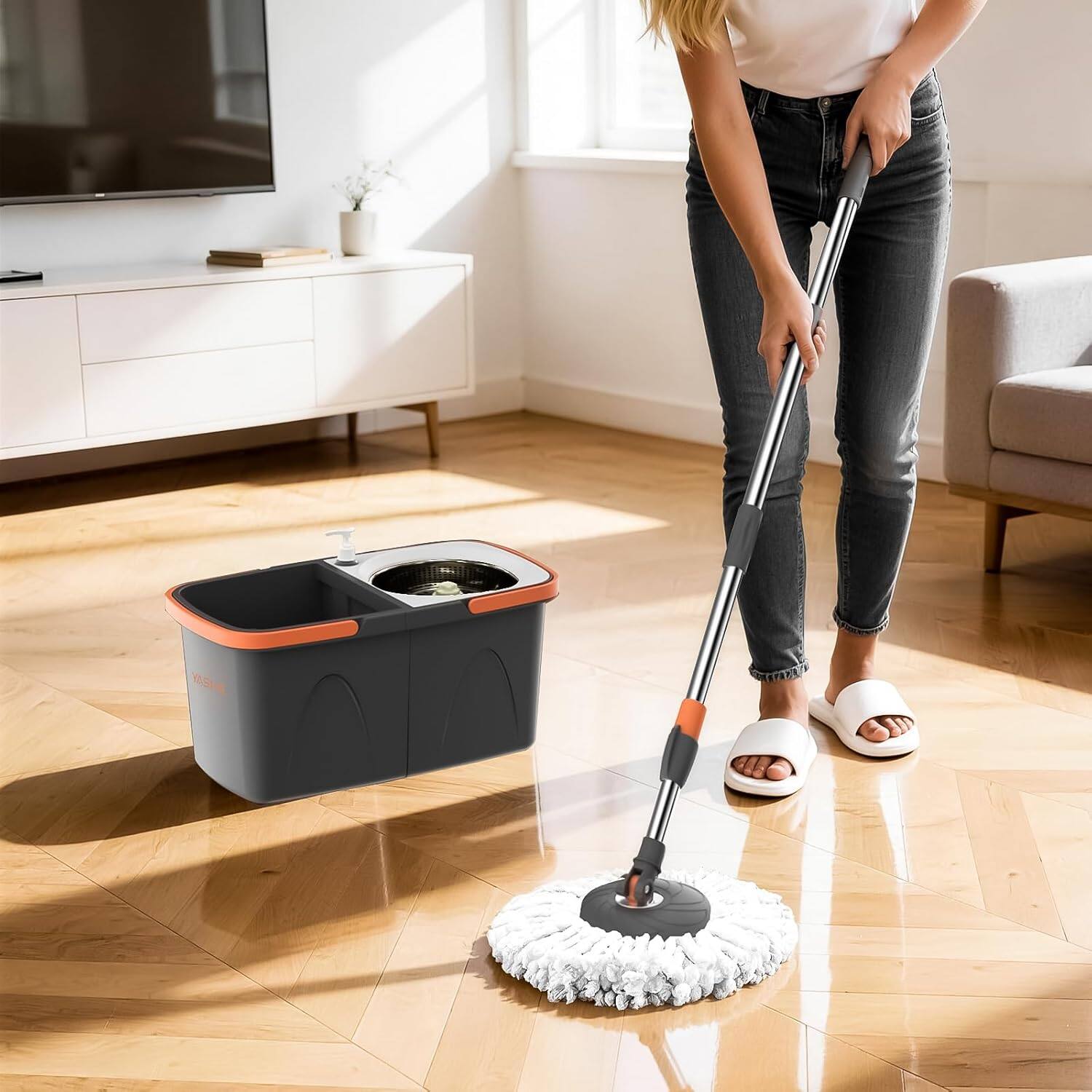 Alt View 4. YASHE - Foldable Spin Mop and Bucket System, Dual-Bucket Cleaning, Collapsible Storage with 2 Reusable Microfiber Mop Heads.