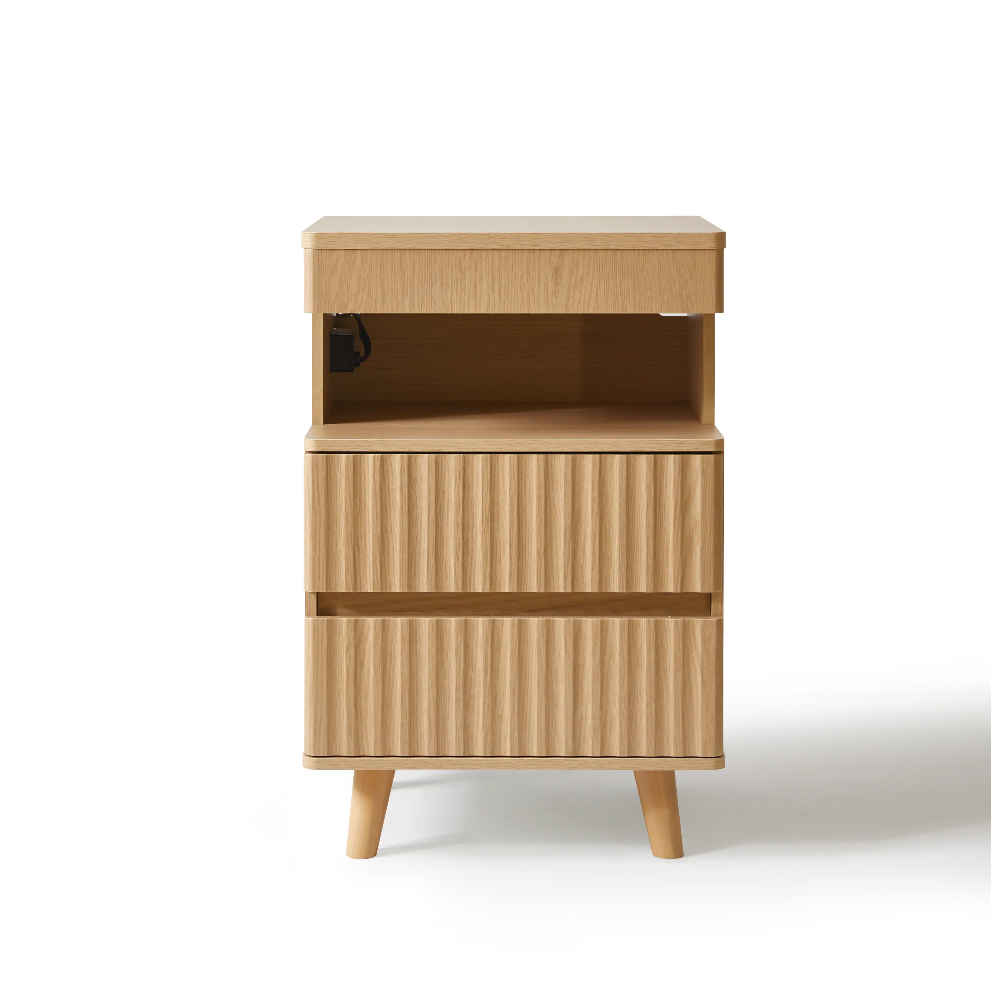 Alt View 1. Whisen - Modern Nightstand with Charging Station,Secure Storage Drawer,2 Drawers and Open Shelf - Oak.