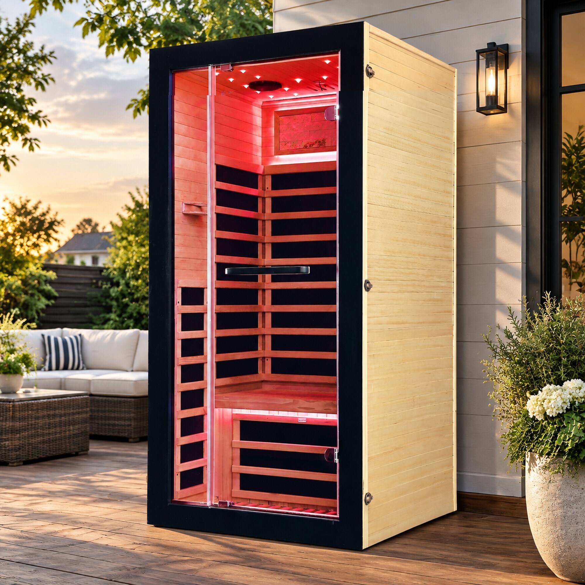 Angle. RYHNUYNE - Single-Person Sauna Room, 900x900x1800mm, 1350W, 7 Epoxy Heating Plates, AUS Wood, LED Starry Sky - Ameican White Oak,Black Woodgrain.
