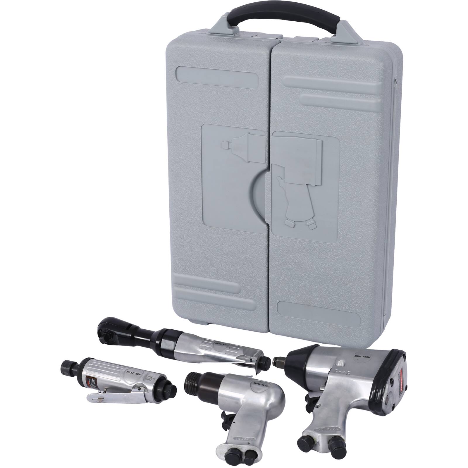 Left. ELEMENT ACE - 71-Piece Air Tool & Accessories Kit: Impact Wrench, Air Ratchet, Die Grinder, Air Hammer & Storage Case - Silver.