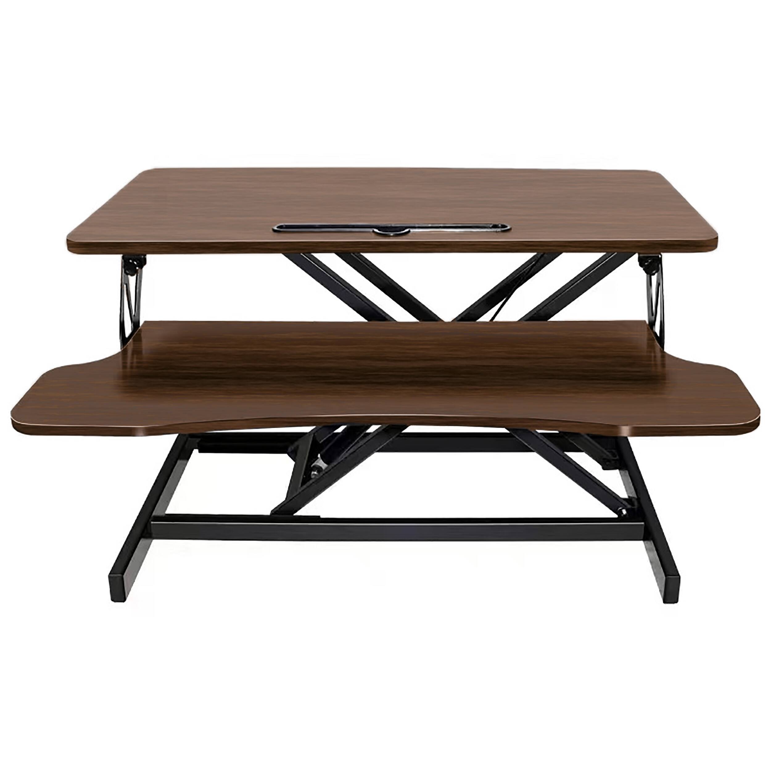 Angle. PexFix - 32 in. Adjustable Sit-to-Stand Desk Converter, Dual Monitor & Laptop Workstation with Wide Keyboard Tray - Walnut.