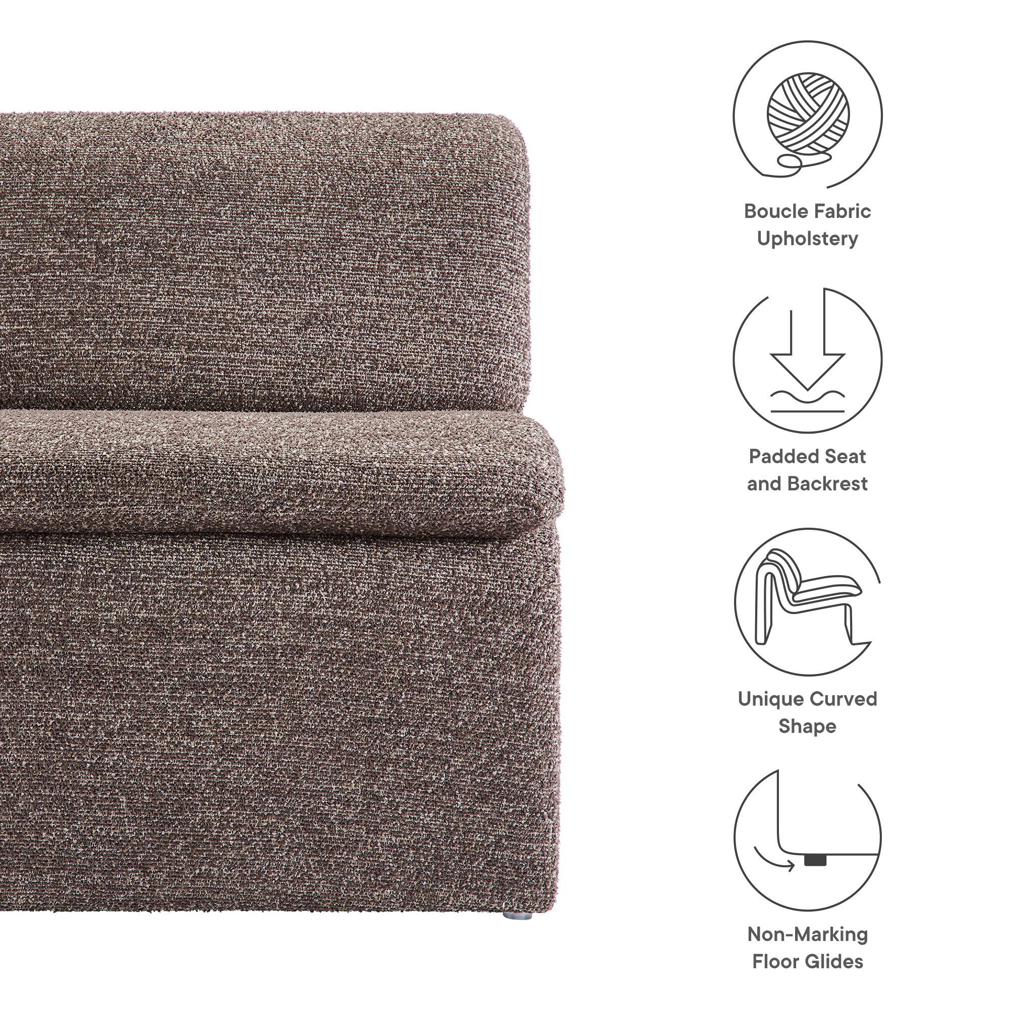 - Boucle Fabric Upholstery
- Padded Seat and Backrest
- Unique Curved Shape
- Non-Marking Floor Glides