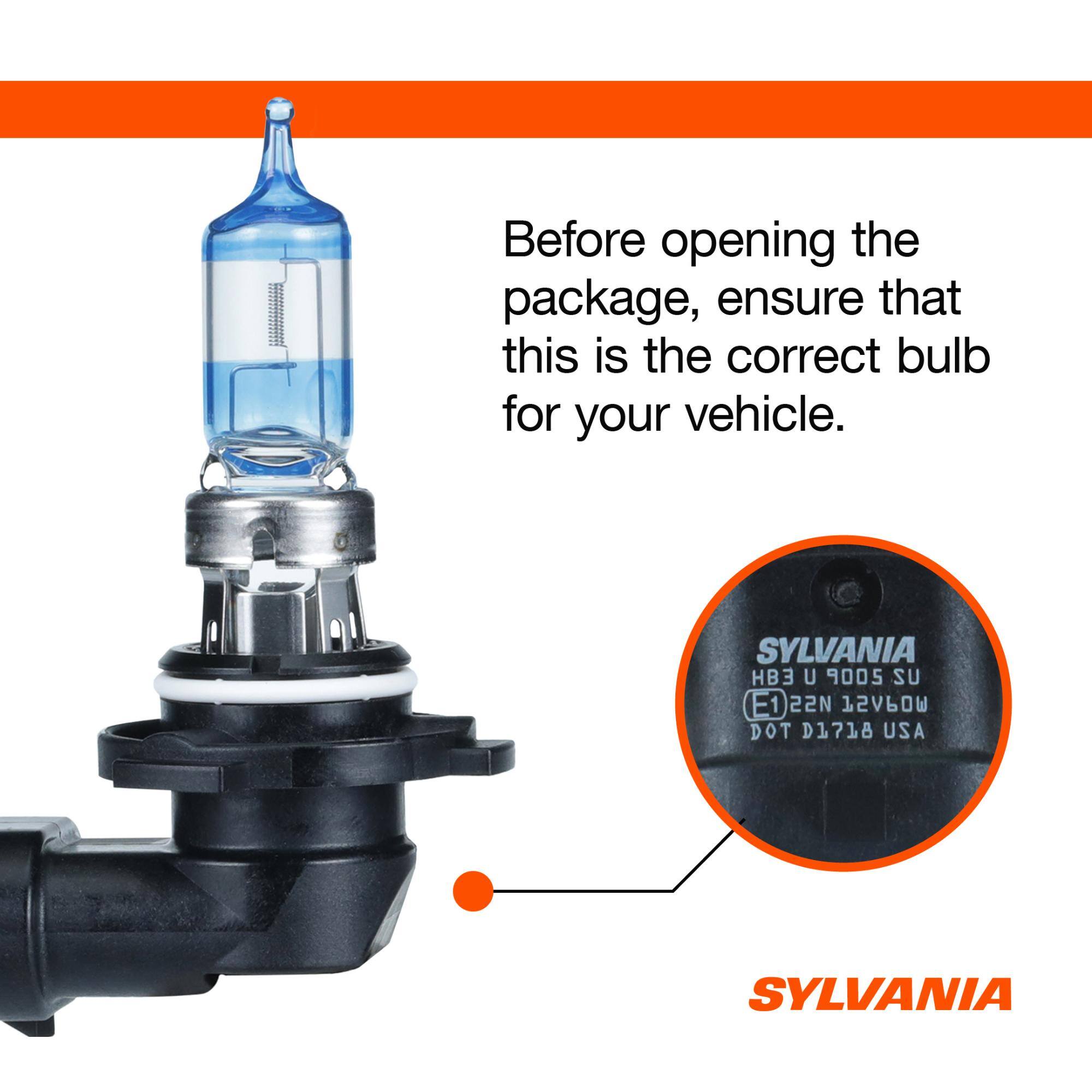 Before opening the package, ensure that this is the correct bulb for your vehicle.

SYLVANIA HB3 U 9005 SU E1 22N TSAPOM DOT D1718 USA