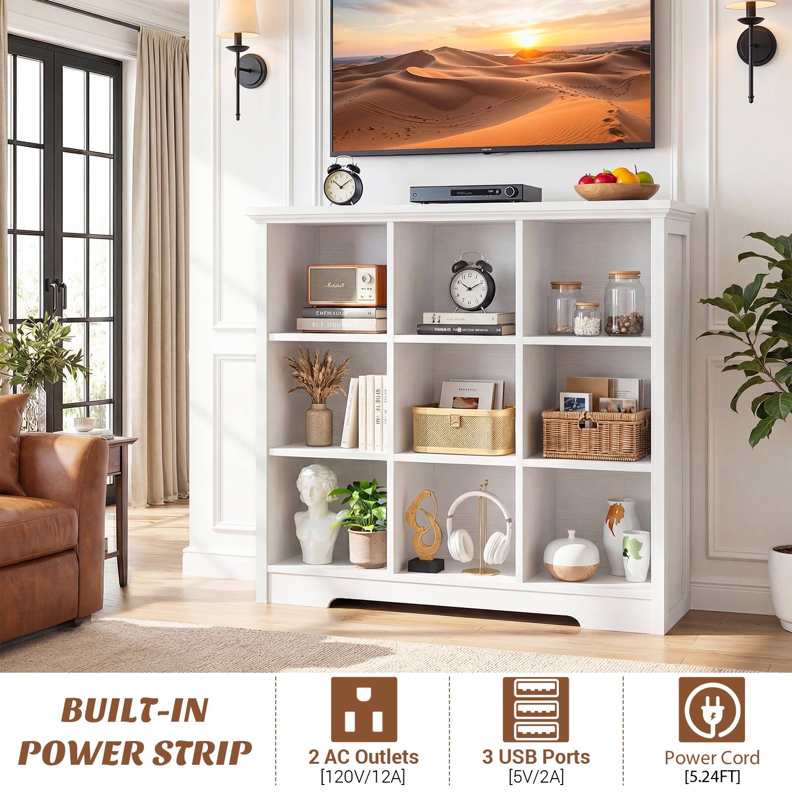 BUILT-IN POWER STRIP

- 2 AC Outlets [120V/12A]
- 3 USB Ports [5V/2A]
- Power Cord [5.24FT]