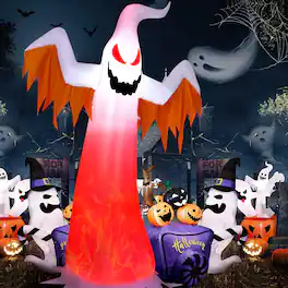 Costway - 8 FT Halloween Inflatable Ghost with Rotatable Flame LED Lights - White
