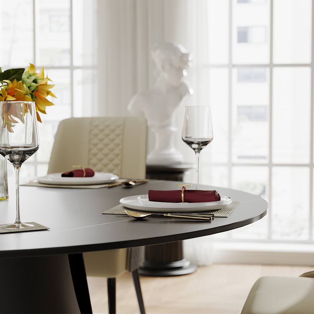Alt View 5. POVISON - 47" Modern Round Black Dining Table for 4,Matte Sintered Stone Tabletop, Black Carbon Steel Base - Matte Black Sintered Stone & Black Steel Base.