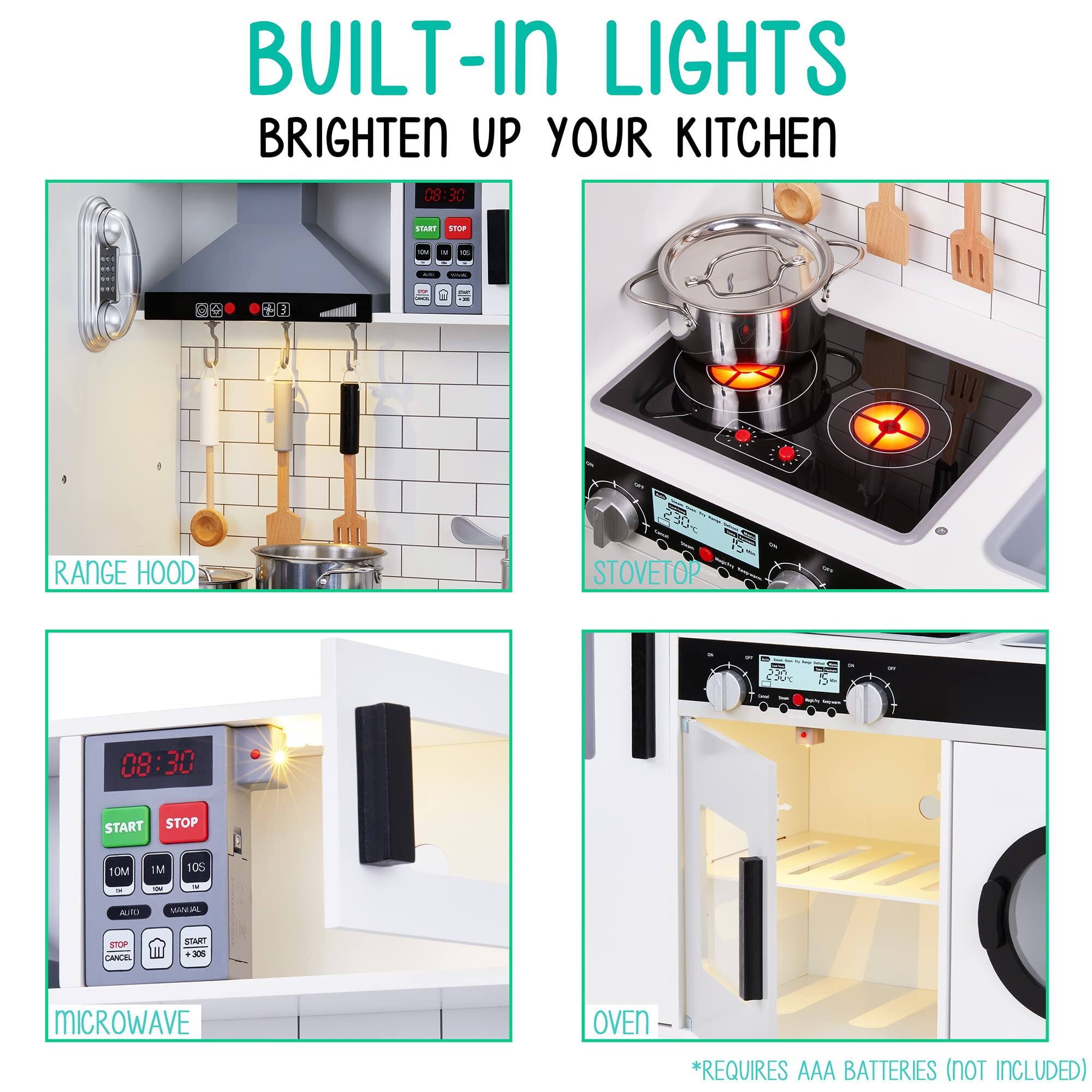 BUILT-IN LIGHTS BRIGHTEN UP YOUR KITCHEN

RANGE HOOD
STOVETOP
MICROWAVE
OVEN

*REQUIRES AAA BATTERIES (NOT INCLUDED)