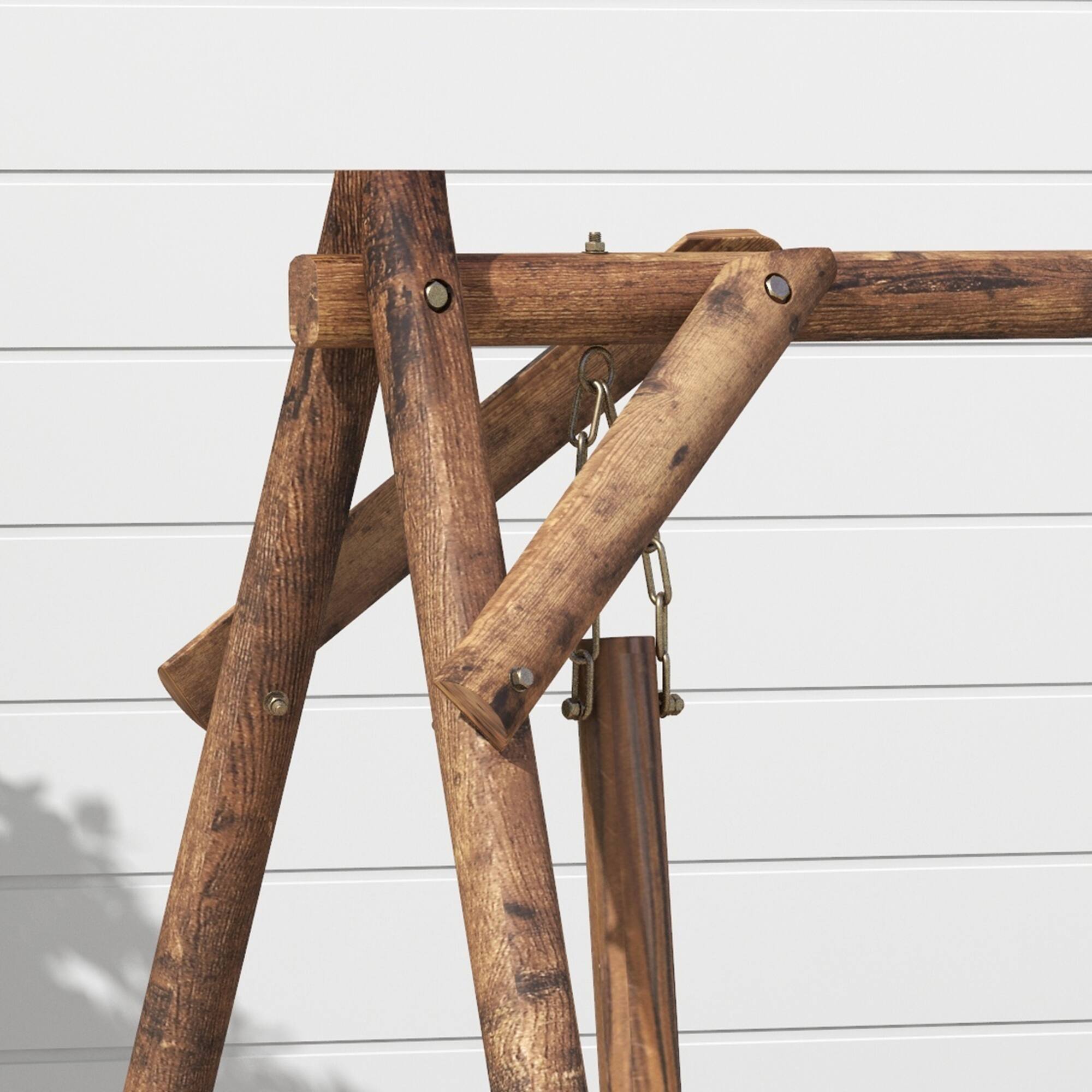 Alt View 7. Outsunny - Porch Swing with A-Frame Stand, Wooden Log Patio Swing Chair Bench with Wagon Wheel Armrests - Carbonized Brown.